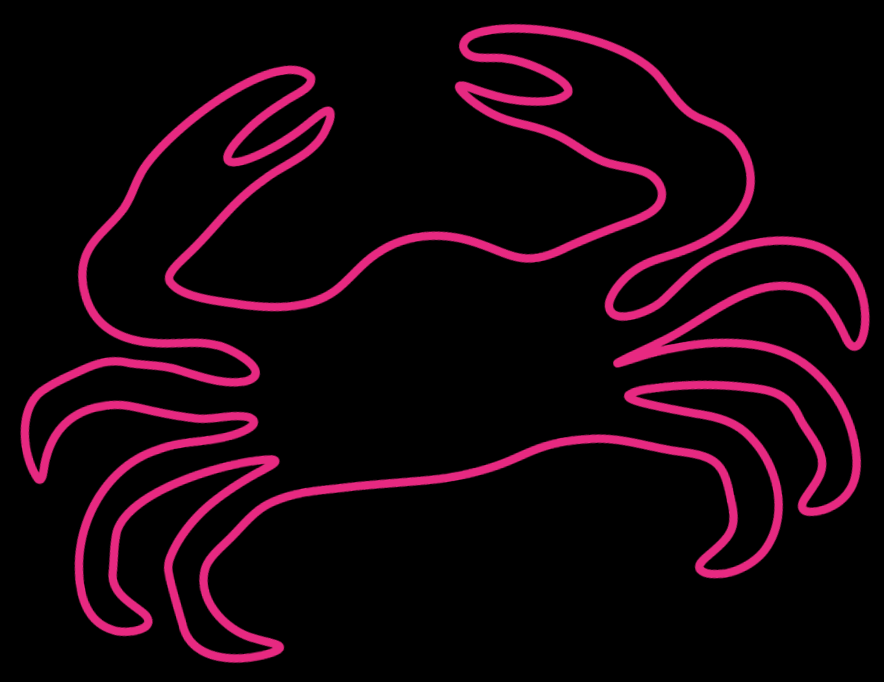 A decorative pink outline illustration of a crab, representing Silk Utica's shrimp and crab rangoon tapas offering at their cocktail and dessert bar in Utica, New York.