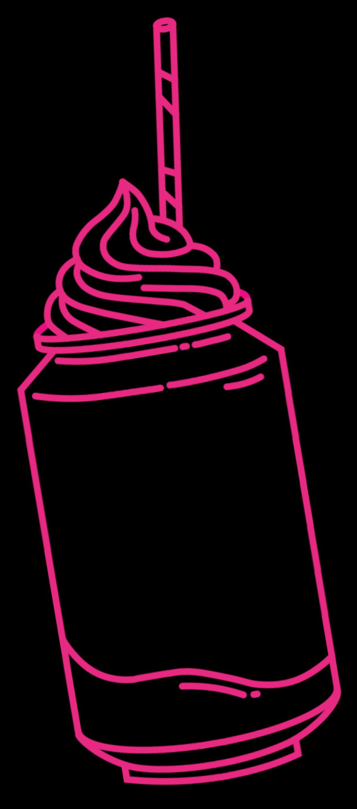 A decorative pink outline illustration of a dirty soda, featuring a can topped with whipped cream and a straw, representing Silk Utica's unique dirty soda offering at their cocktail and dessert bar in Utica, New York.