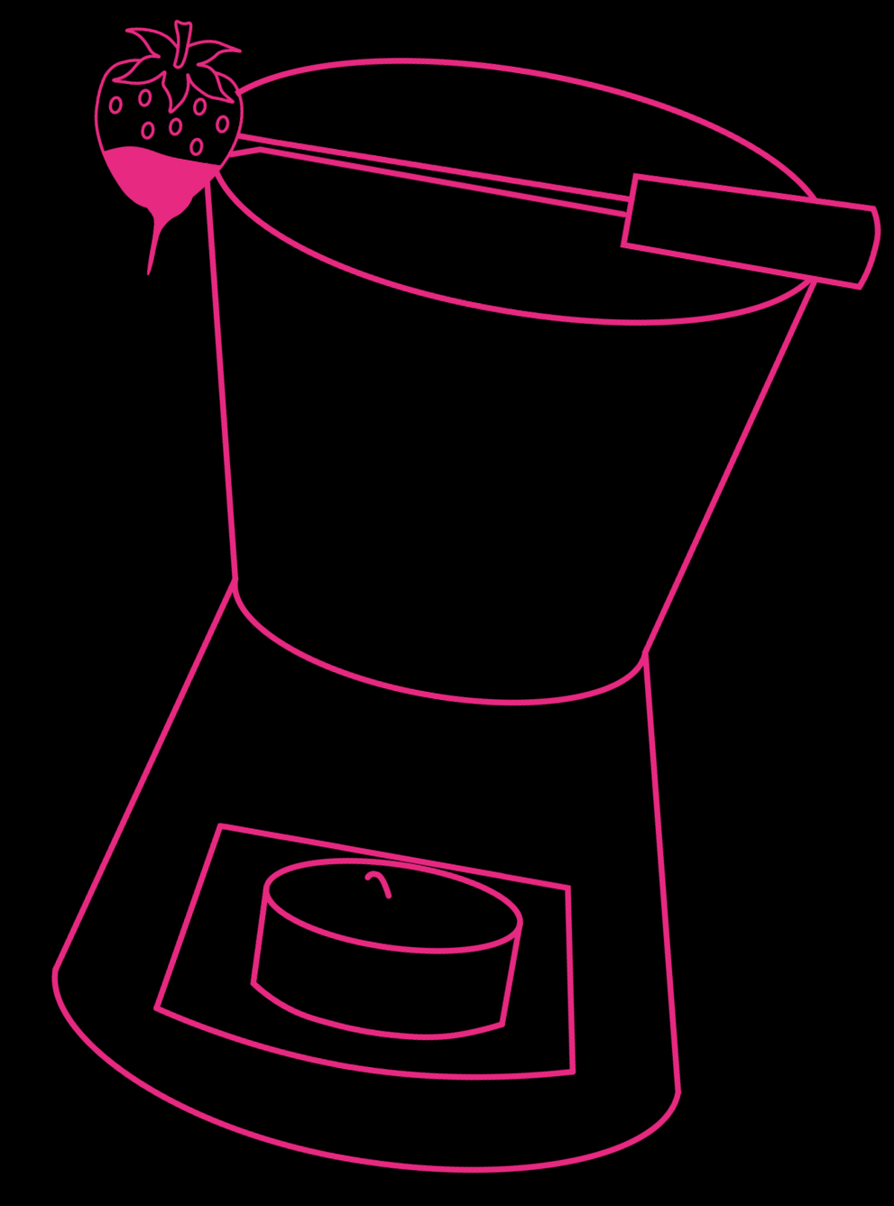 A decorative pink outline illustration of a fondue warmer, representing Silk Utica's indulgent Nutella fondue dessert offering at their cocktail and dessert bar in Utica, New York.