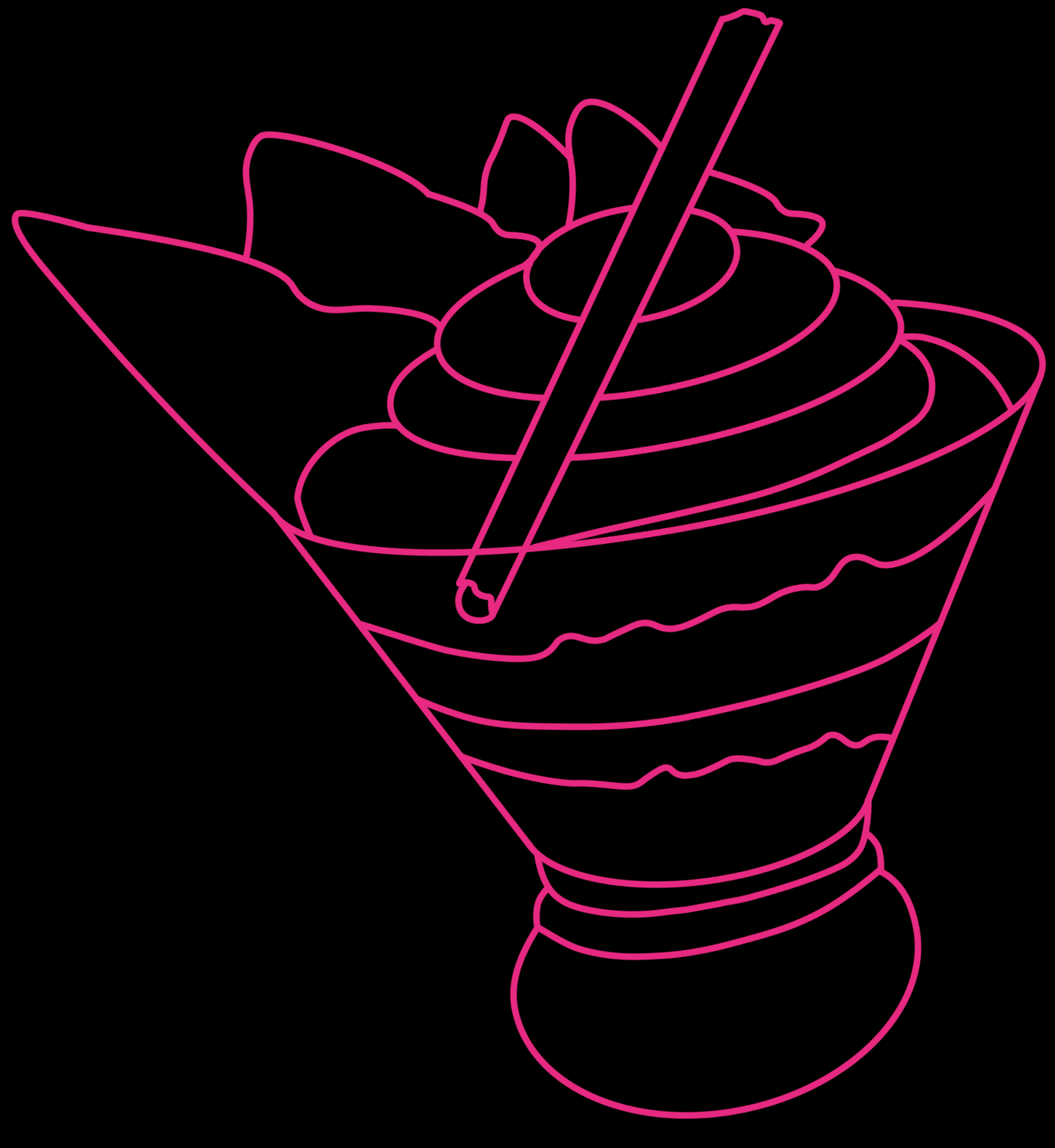 A decorative pink outline illustration of a deconstructed cannoli served in a stemless martini glass, representing one of the unique and indulgent dessert offerings at Silk Utica cocktail and dessert bar in Utica, New York.
