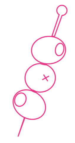 A pink outline illustration of three olives on a cocktail skewer, used as a decorative brand icon for Silk Utica.