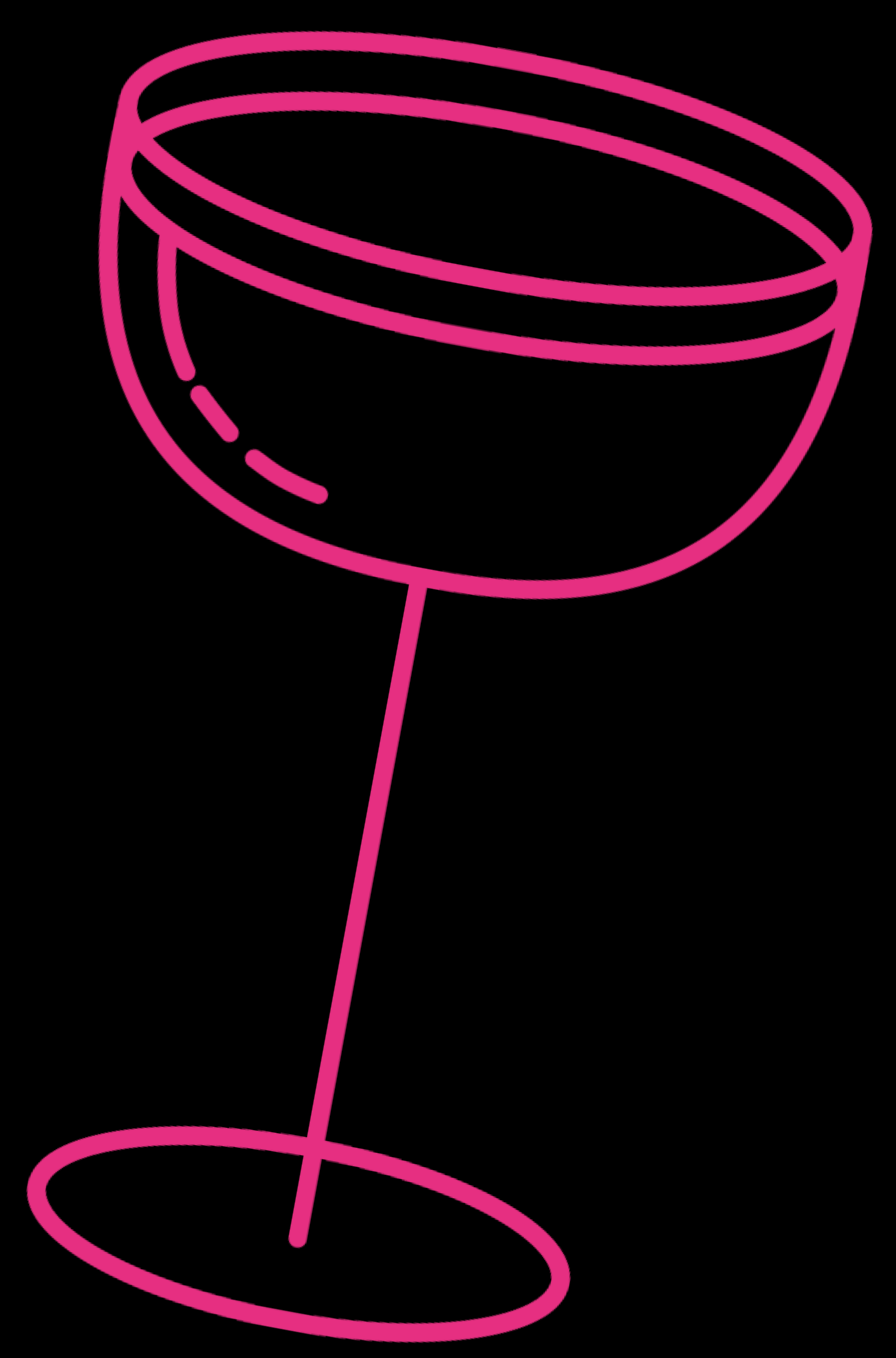 A decorative pink outline illustration of a classic coupe glass, representing the refined craft cocktail experience at Silk Utica cocktail and dessert bar in Utica, New York.