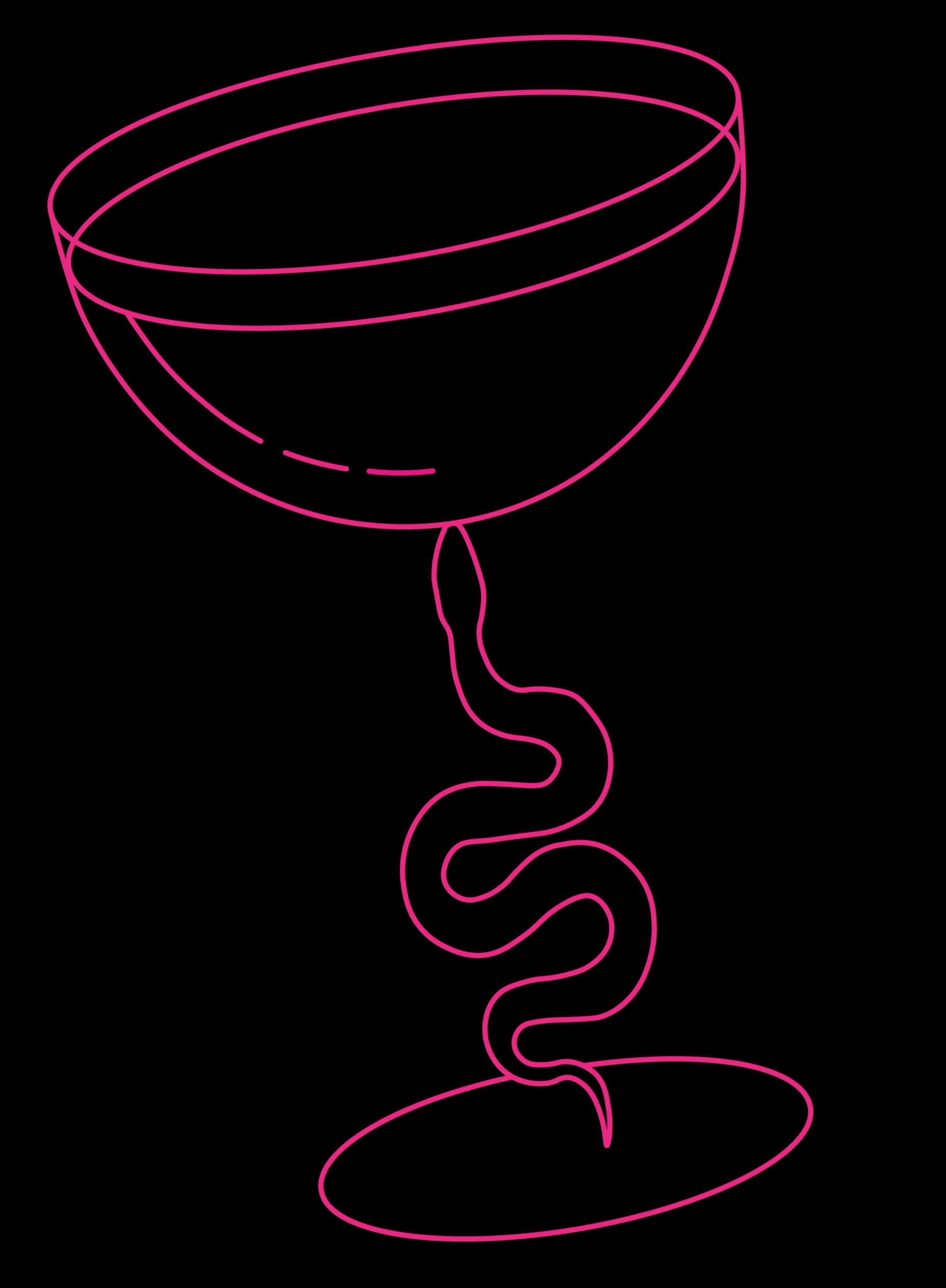 A pink outline illustration of Silk Utica's signature snake coupe glass, featuring a golden serpent stem, a unique and iconic cocktail glass used at Silk Utica cocktail and dessert bar in Utica, New York.