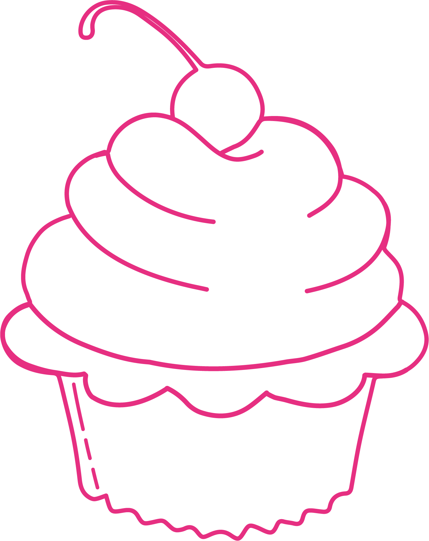A decorative pink outline illustration of a cupcake, used as a brand icon representing the dessert experience at Silk Utica in Utica, New York.