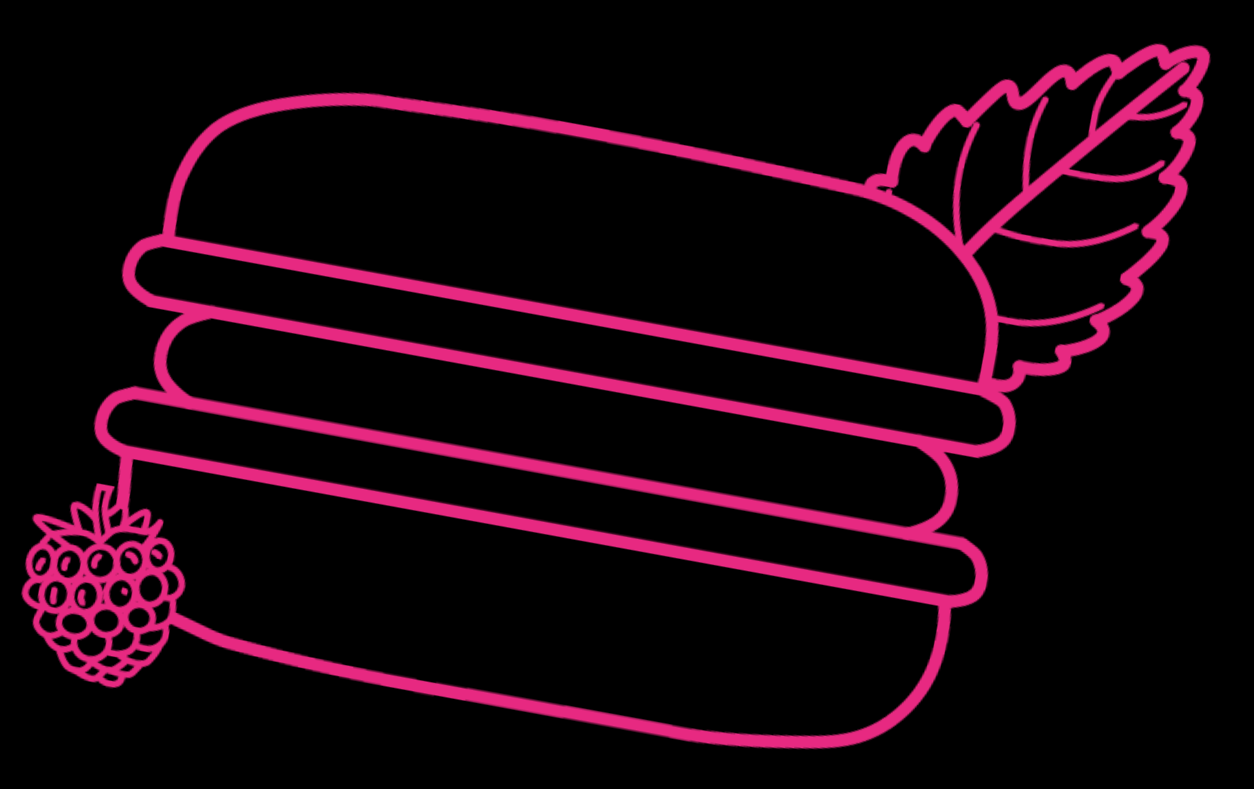 A decorative pink outline illustration of a macaron, representing the indulgent dessert experience at Silk Utica cocktail and dessert bar in Utica, New York.