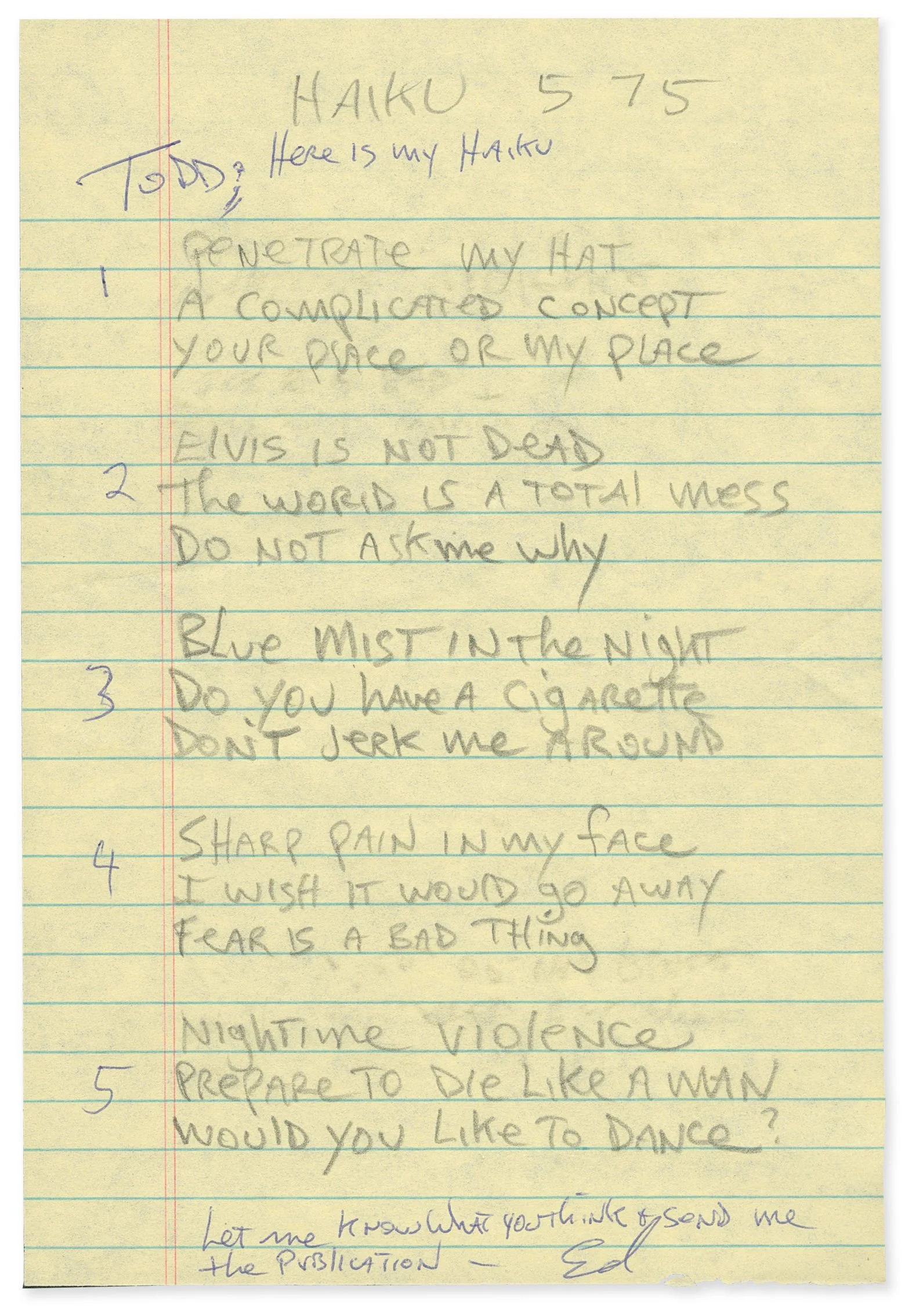Note from Ed Paschke with haikus (1993) ©The Publicsfear Archive