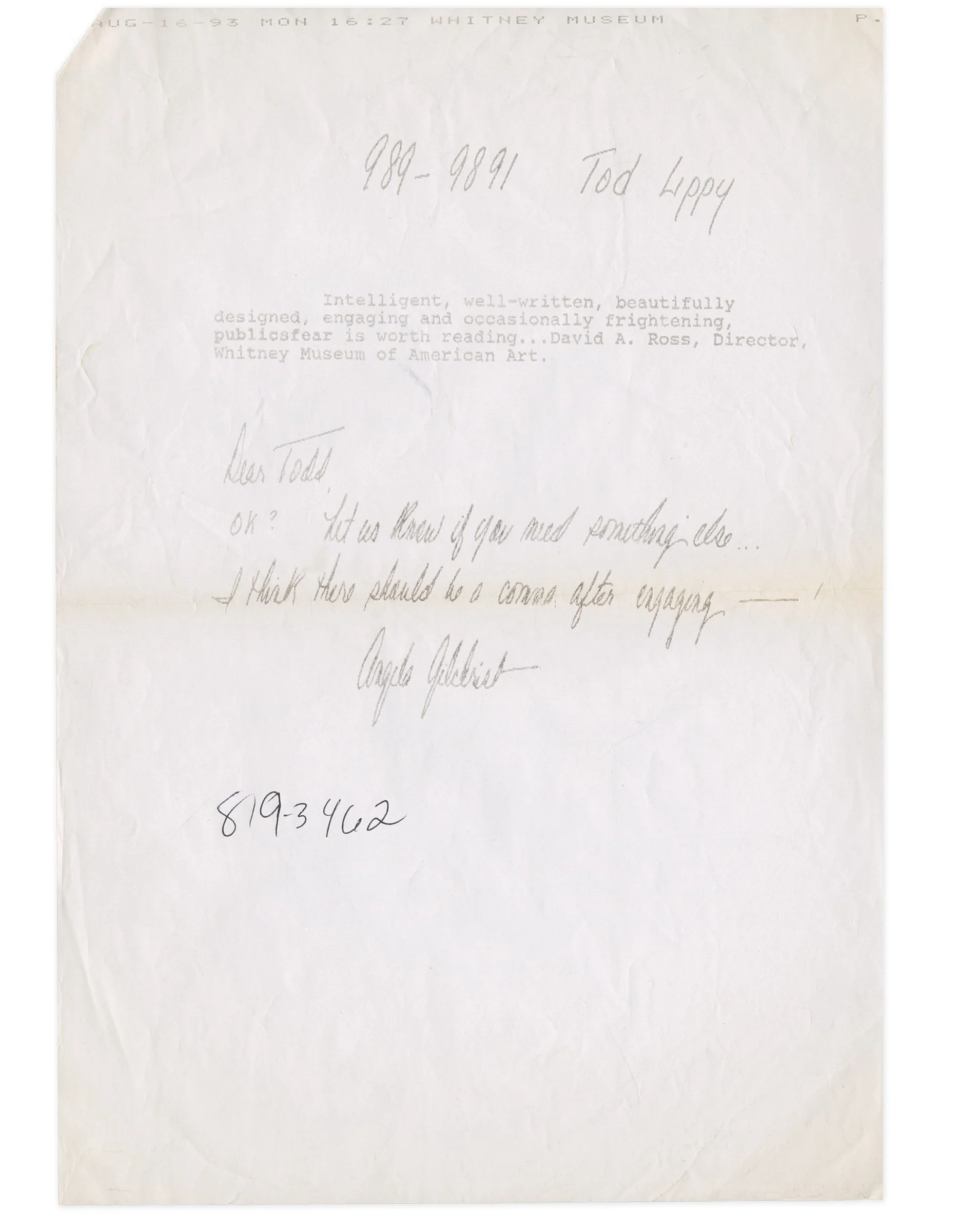 Fax from David Ross, Directory of the Whitney Museum of American Art (1994) ©The Publicsfear Archive