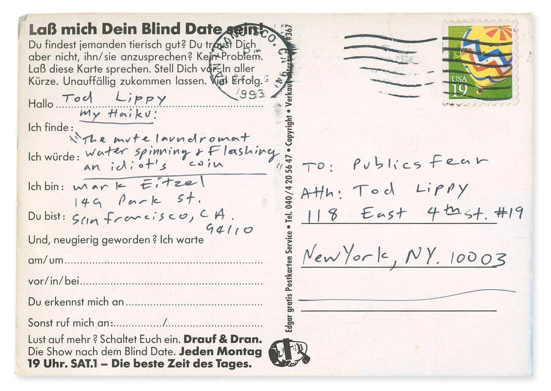 Postcard from Mark Eitzel with haiku (1993) ©The Publicsfear Archive