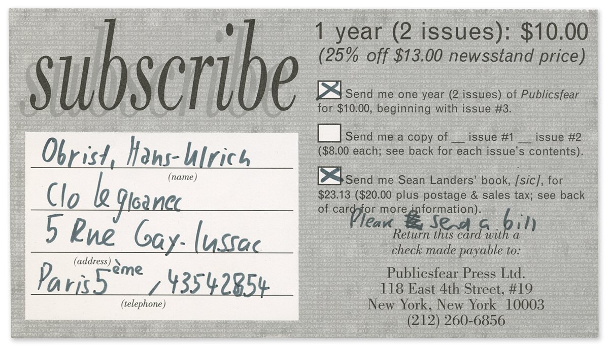 Mailed-in subscription card (1993) ©The Publicsfear Archive