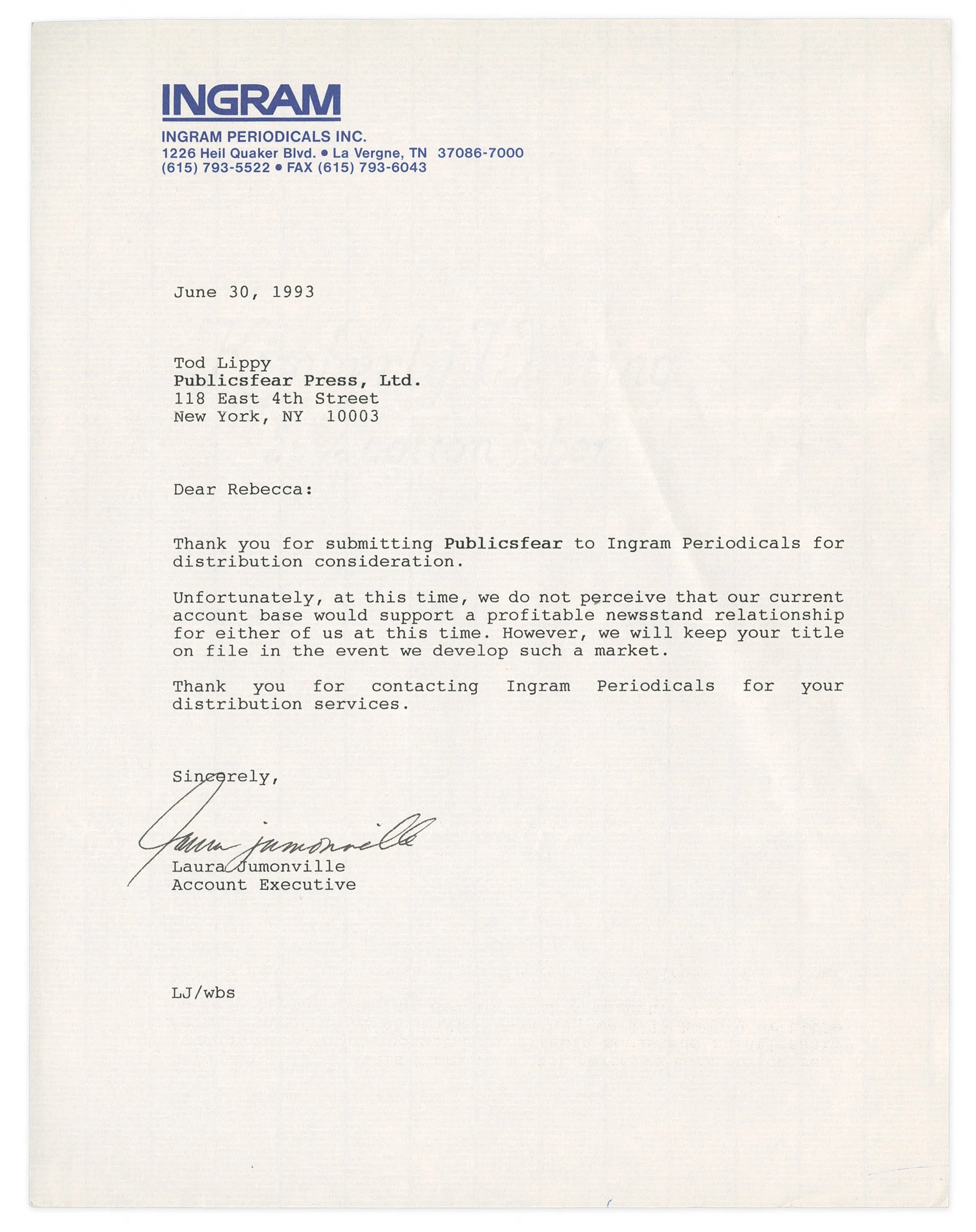 Letter from Ingram Periodicals (1993) ©The Publicsfear Archive