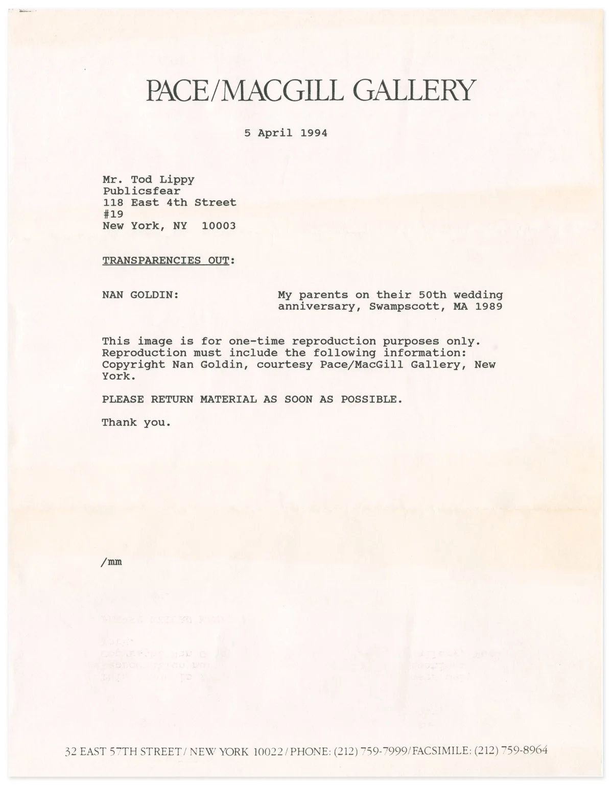 Letter From Pace/MacGill Gallery related to Nan Goldin submission for Publicsfear 4 (4/5/94) ©The Publicsfear Archive