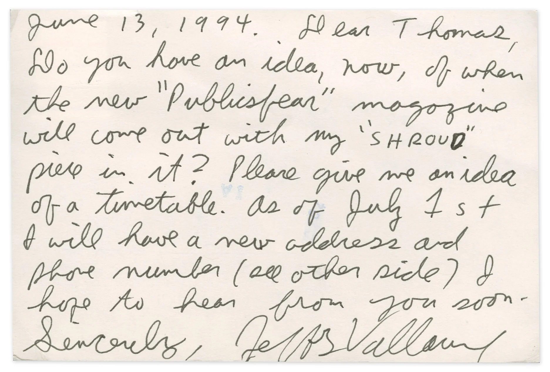 Note from Jeffrey Vallance inquired about timing for Publicsfear (1994) ©The Publicsfear Archive