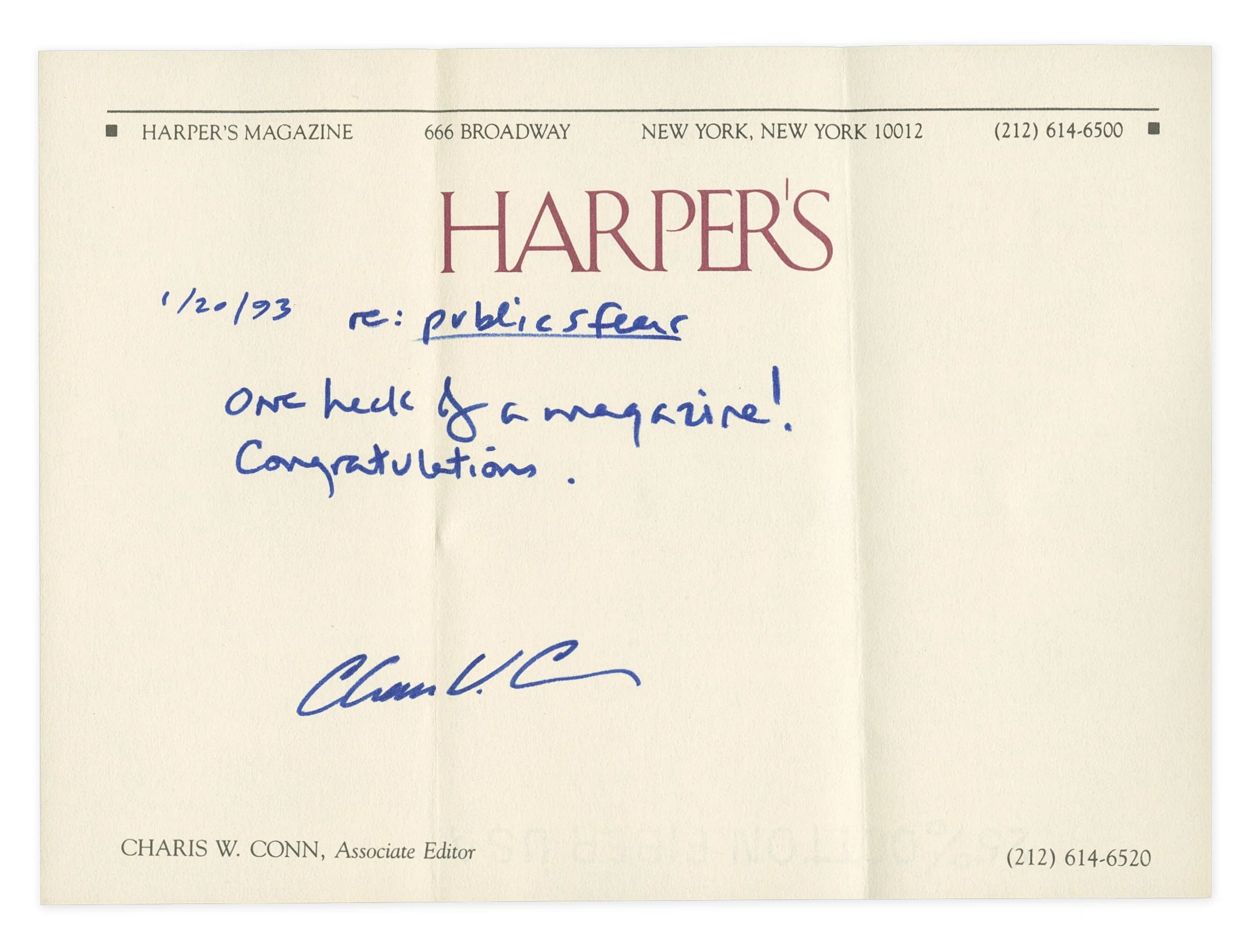 Note from Charis Conn, Associate Editor at Harper’s (1993) ©The Publicsfear Archive