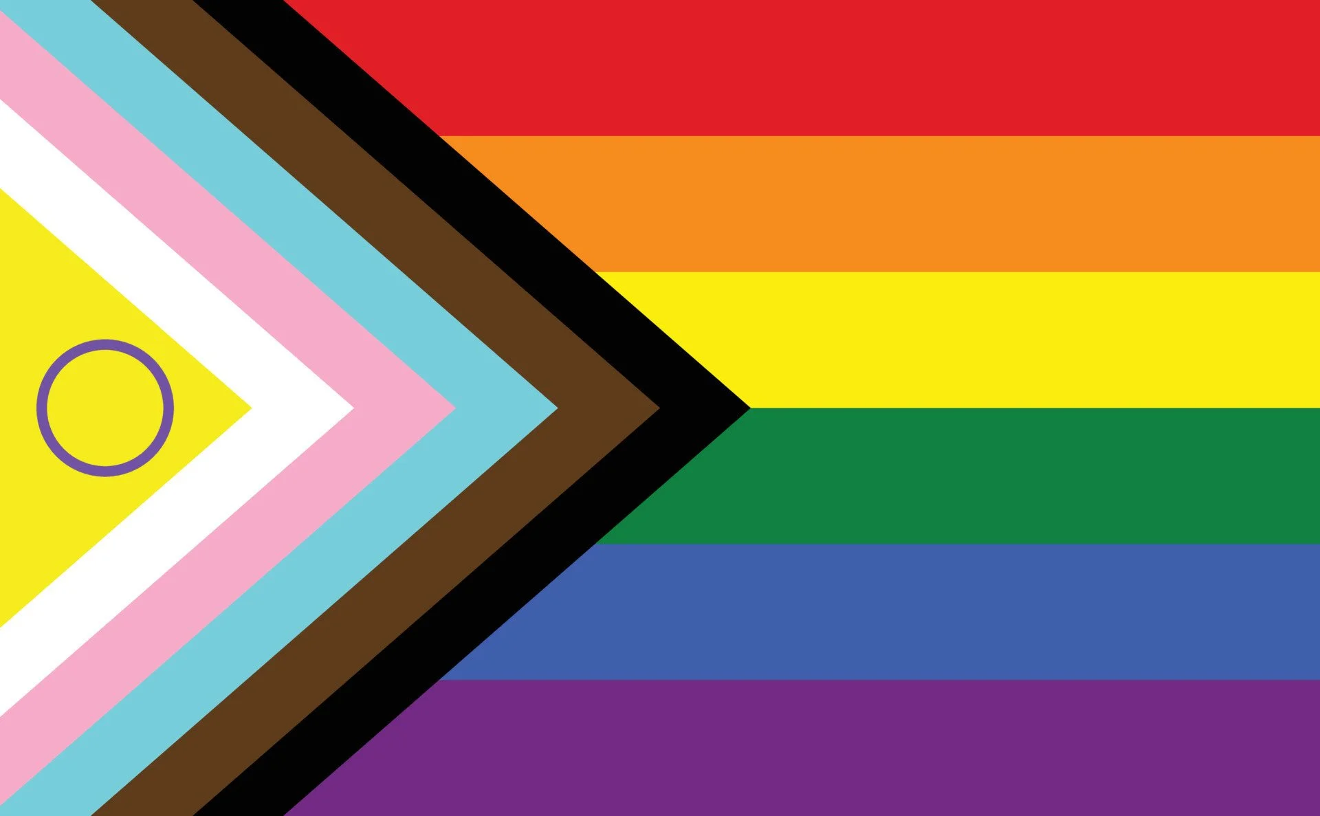An intersex inclusive rainbow pride flag with a chevron on the left side featuring a purple circle outline on a yellow background. The flag has red, orange, yellow, green, blue, and purple horizontal stripes.