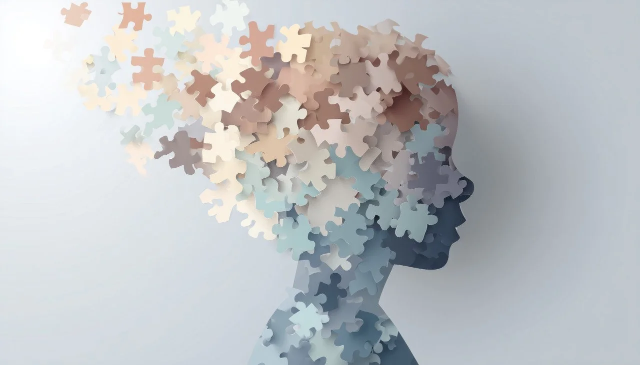 Puzzle pieces forming child's head showing complex relationship between ADHD and trauma in neurodevelopmental pathways and brain development.