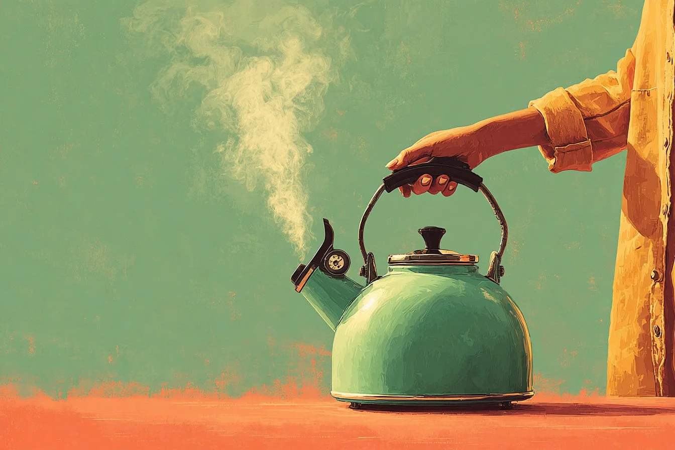 Kettle releases steam, symbolizing why am I always irritated and angry.