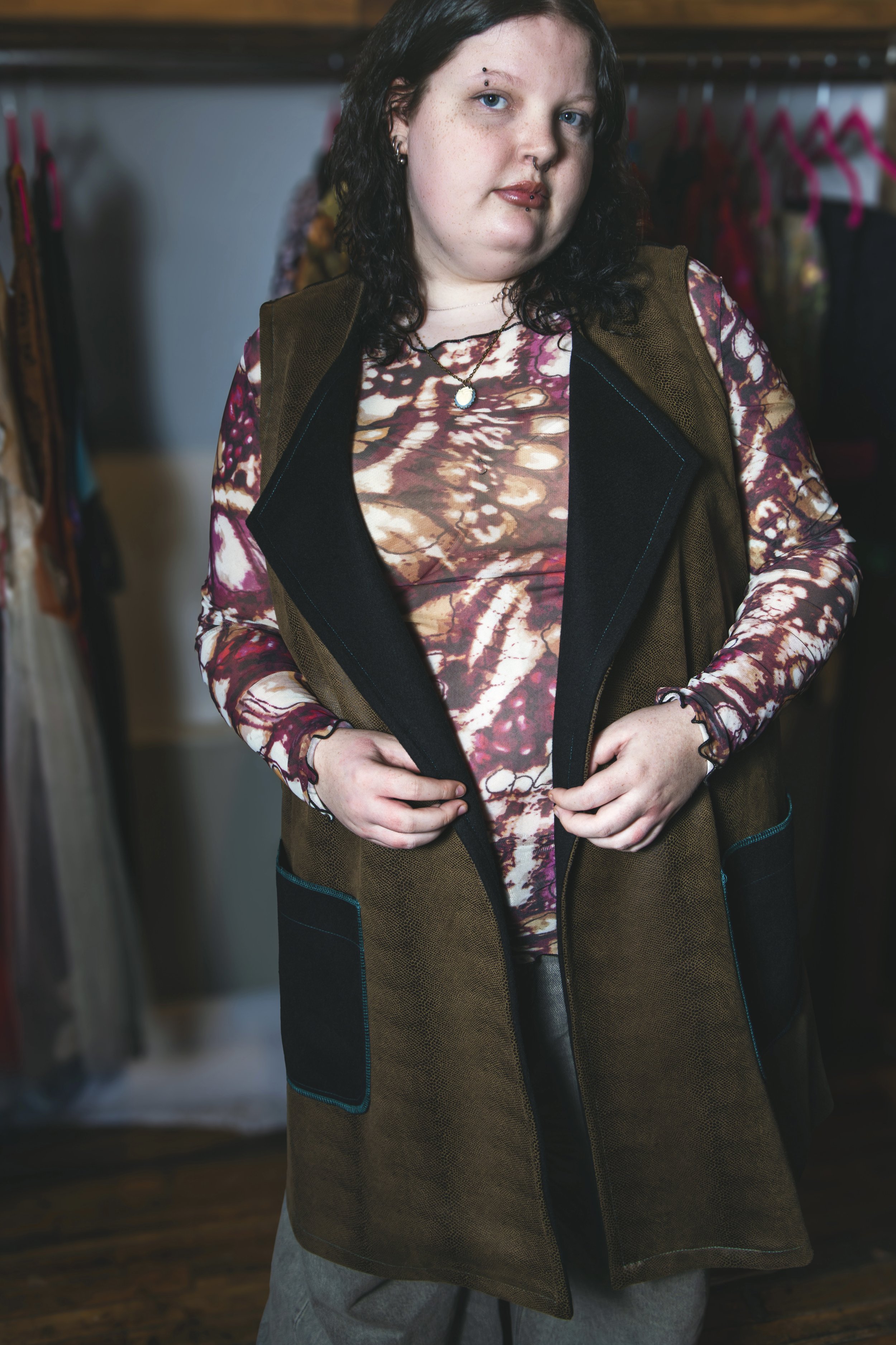 Long Faux Olive Leather Luxurious Embossed Vest Jacket