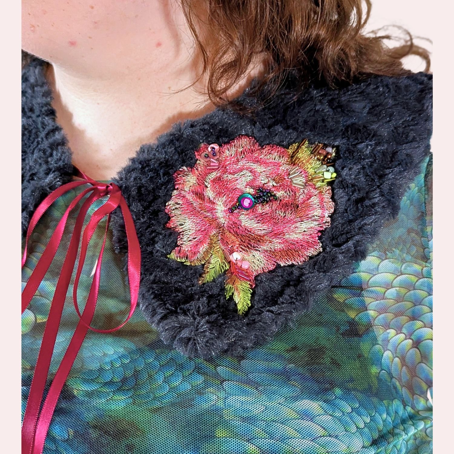 Charcoal plush collar applique pink background .jpg