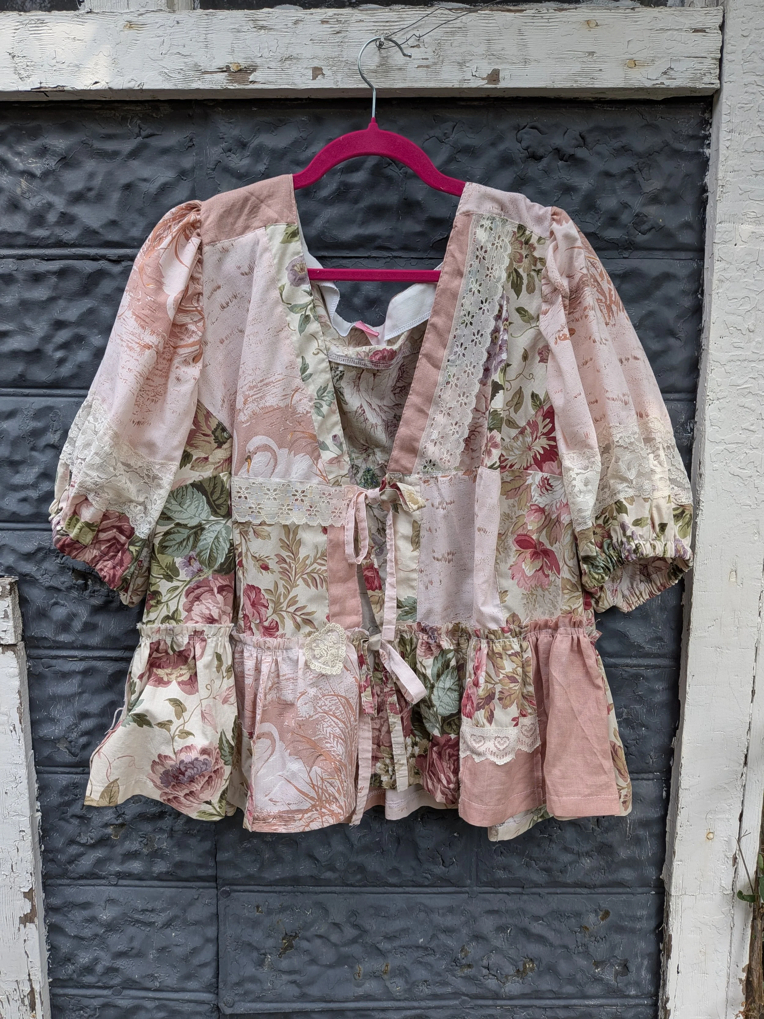 Upcycled Handcrafted Patchwork Vintage Textile Blouse with Puff Sleeves