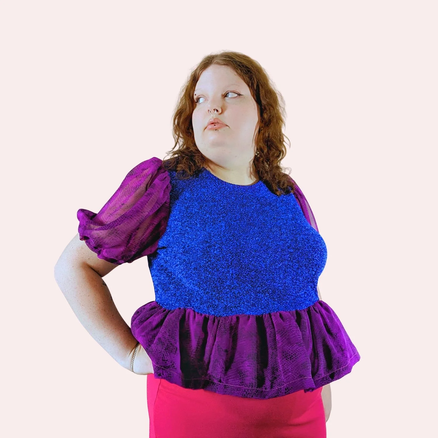 Heidi Blouse Blue sparkle torso pink background .jpg