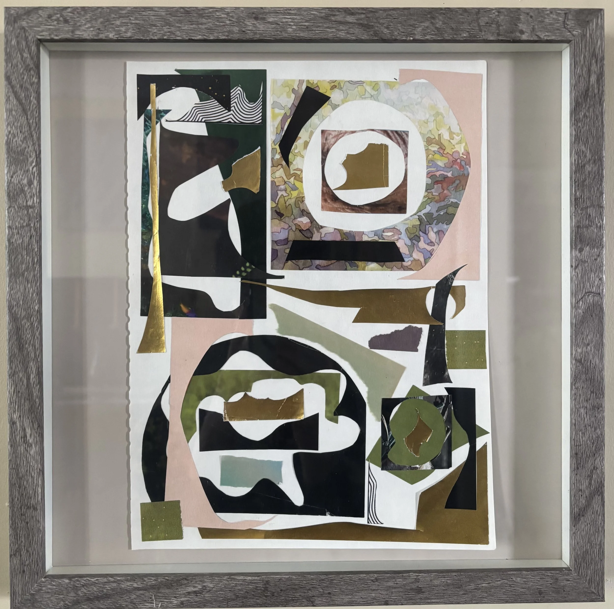 scraps of gold - collage on paper in shadowbox. 2026 (framed)