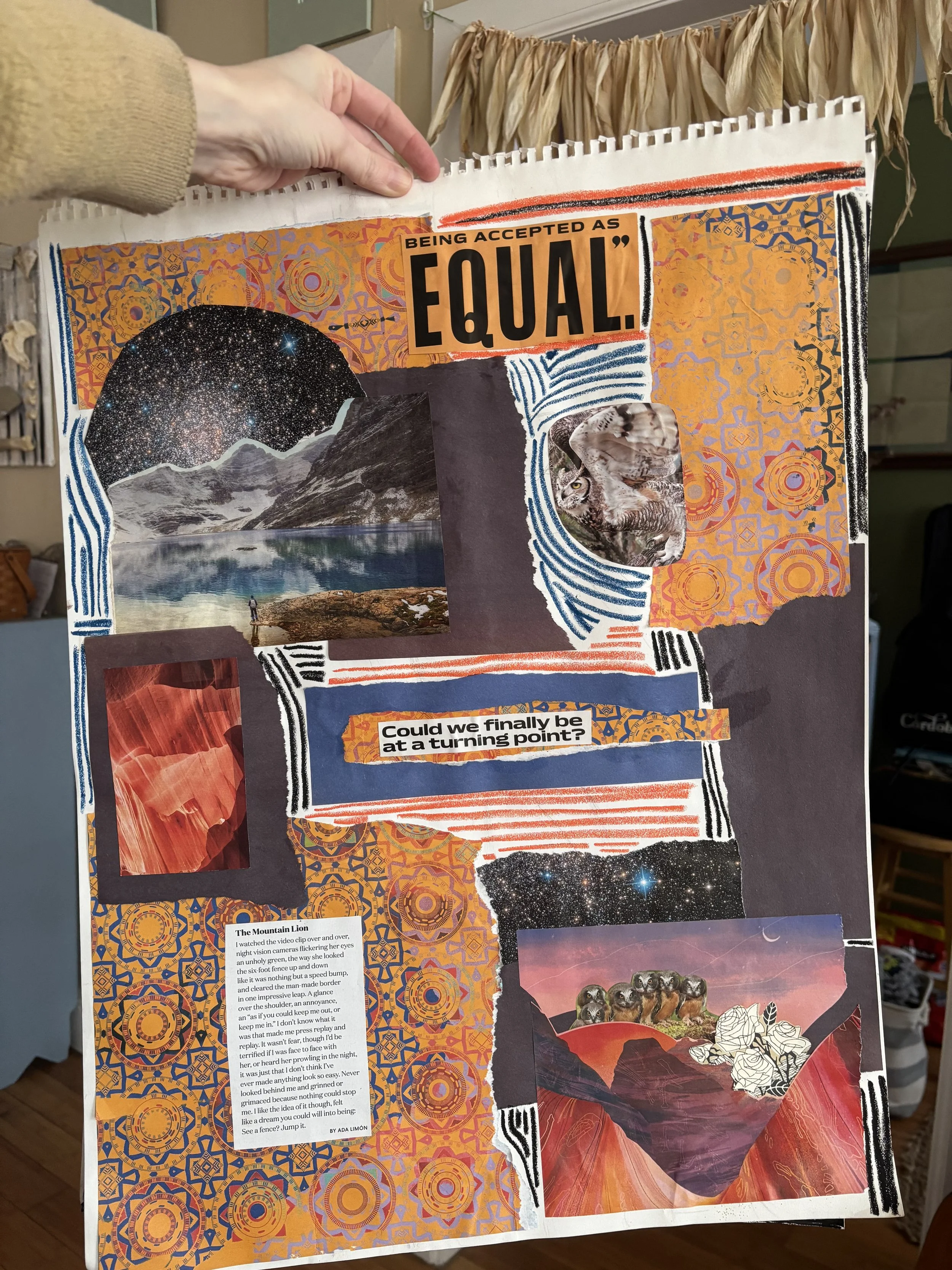 at a turning point - collage on paper with oil pastels. 2025