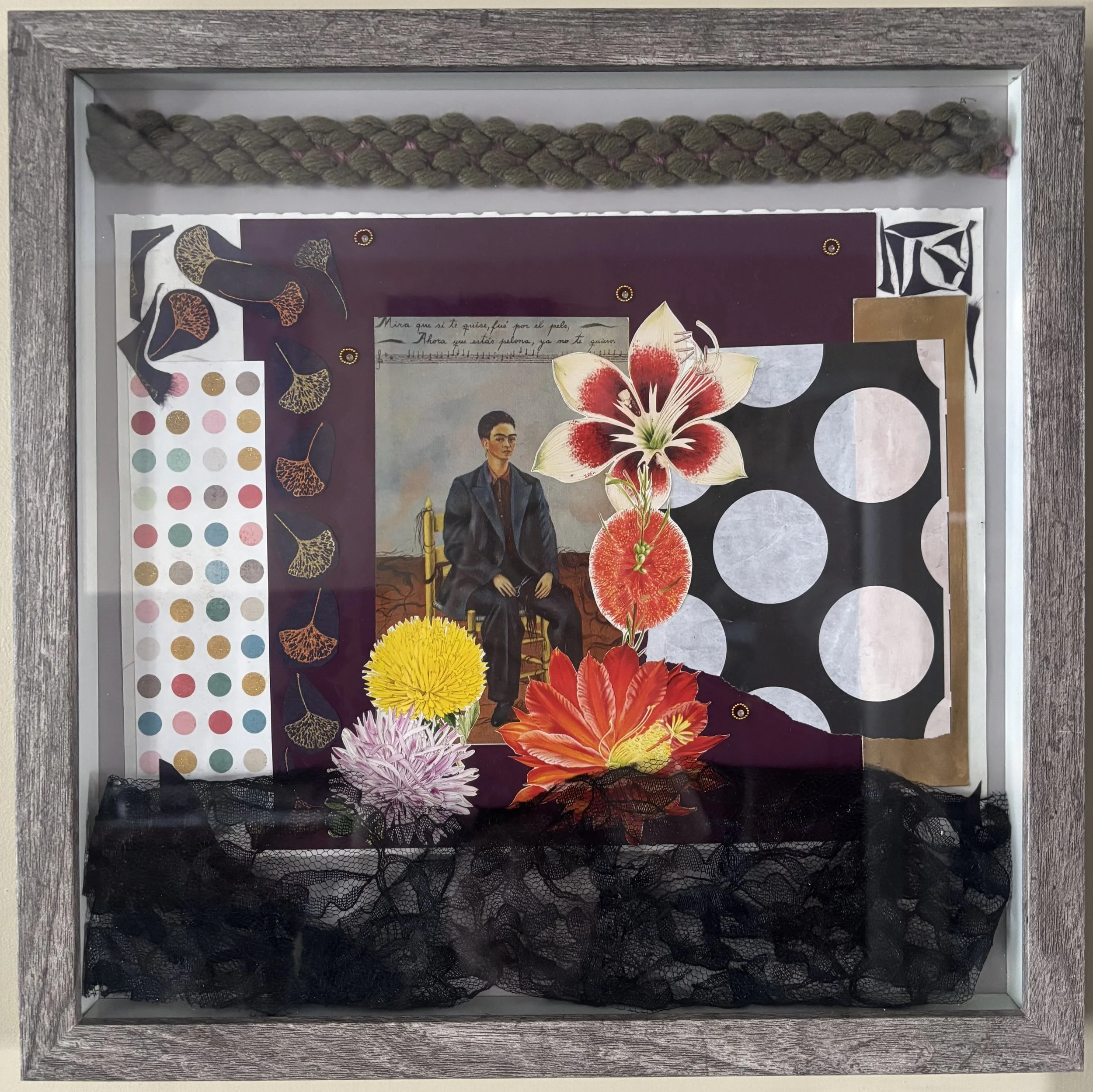 Frida with Dots - collage on paper with lace and vintage trimming, in shadowbox. 2026 (framed)