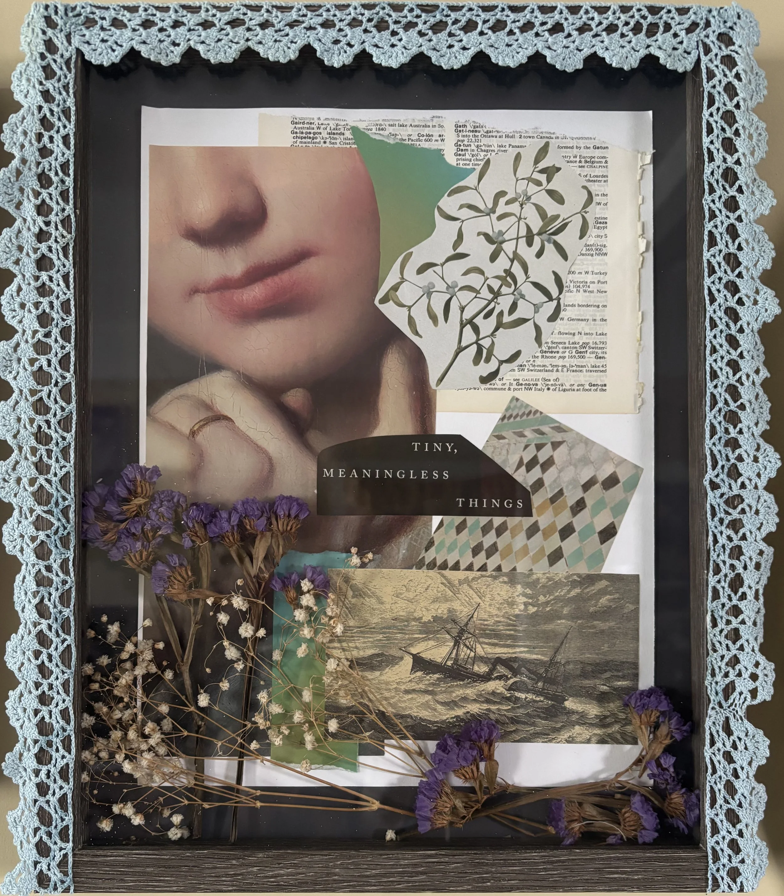 tiny meaningless things - collage on paper with dried flowers and vintage lace, in shadowbox. 2026 (framed)