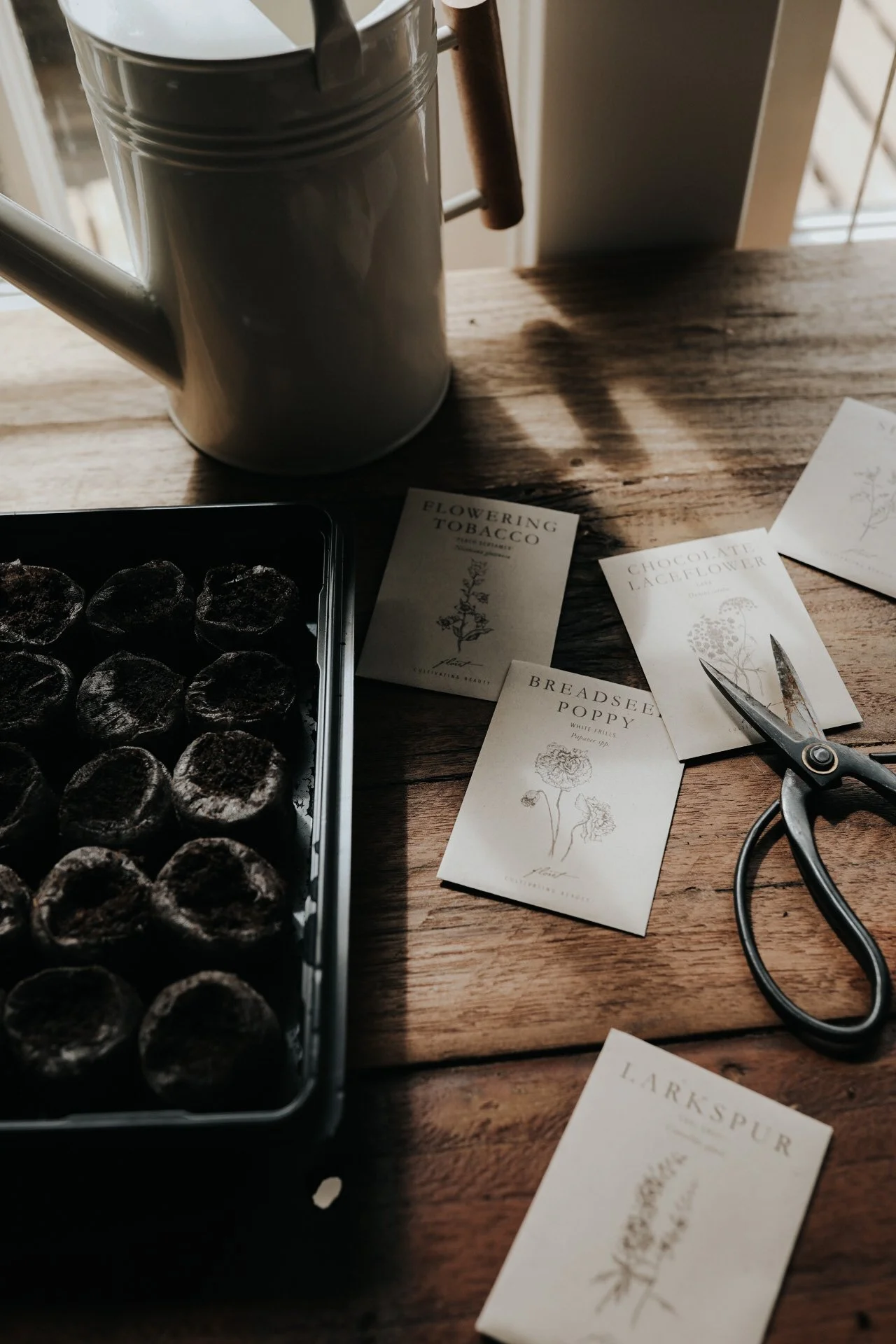 Gardening setup with seed packets, watering can, soil pellets, and scissors on wooden table.
