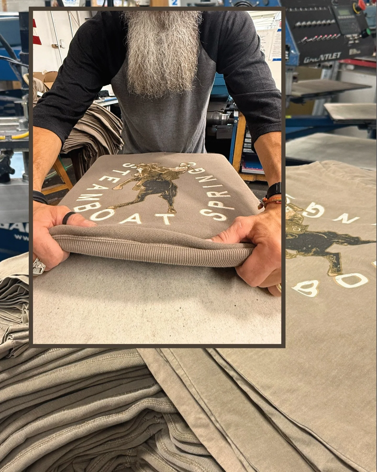 Giddy Up gear on press at Chaos HQ! We worked with our friends at @theadornco to put together this 4-color vintage design from the initial concepts through printing on some amazing Elwood blanks. Adorn has a great story. We ❤️ their mission and we&rs