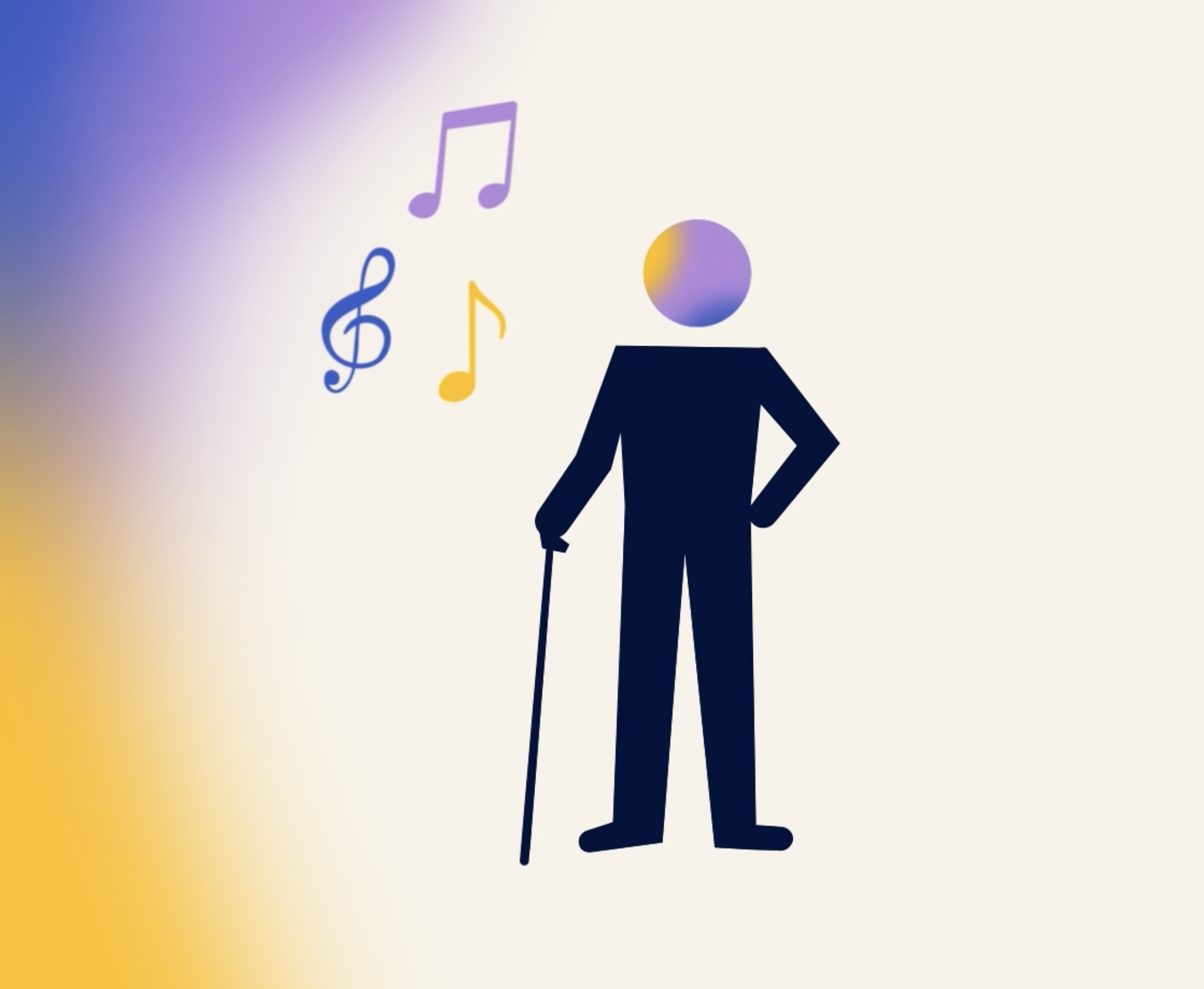 Silhouette of a person with a cane, standing with one hand on their hip, surrounded by colorful musical notes.