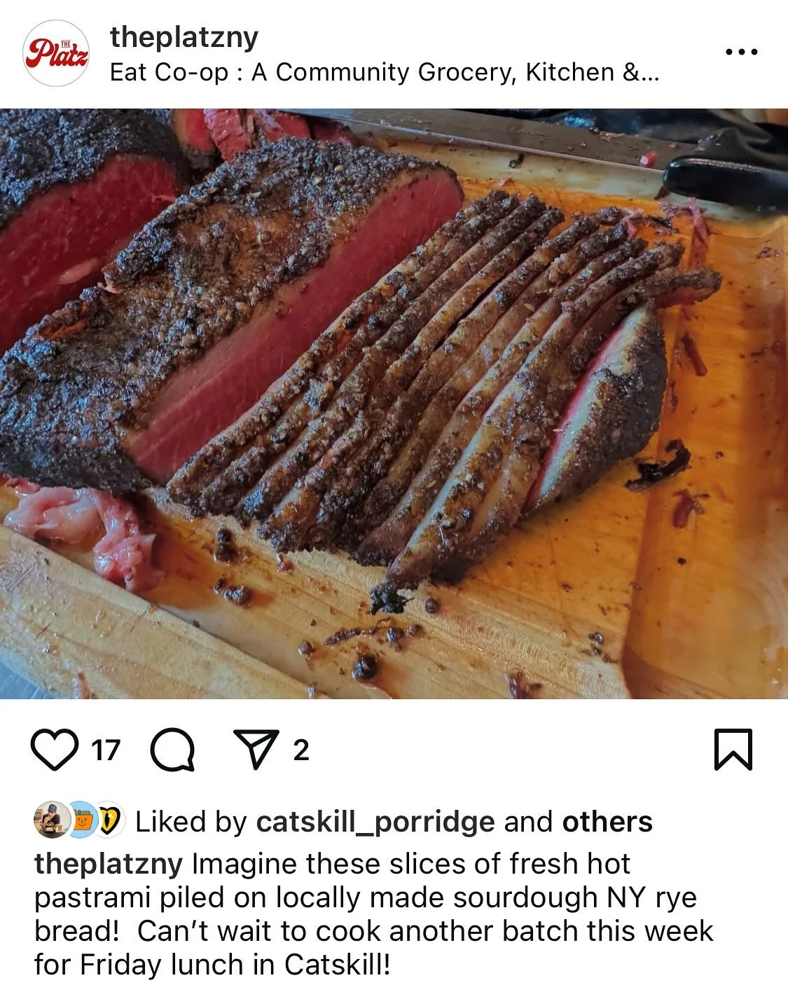 Stop by on Friday to enjoy some smoked pastrami by @theplatzny ! It&rsquo;s all smoked on-site on Thursdays and prepared by hand - say hello to Rob and try a bite 🥪