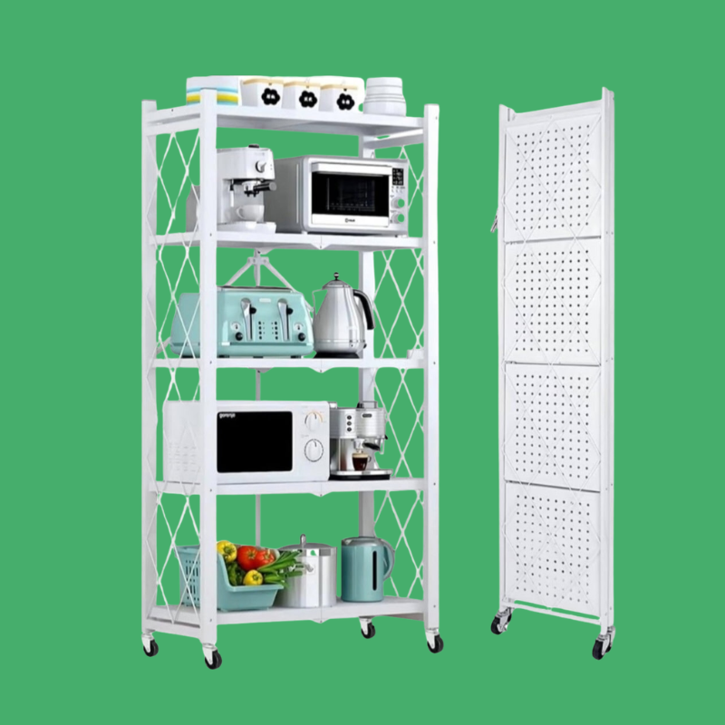 White kitchen shelving unit with microwave, coffee machine, toaster, kettle, and cooking utensils on a green background.