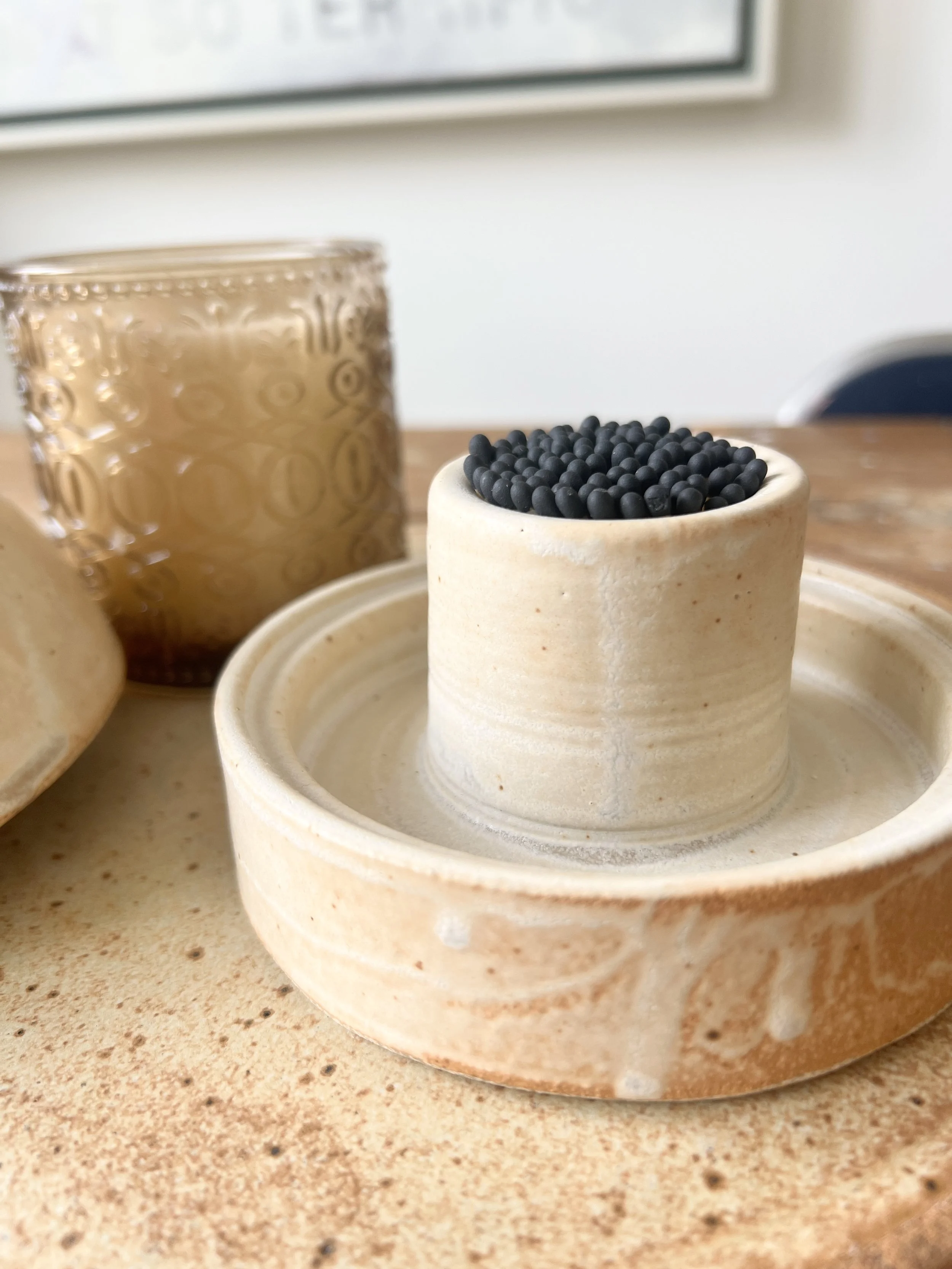 White Ceramic Matchstick Holder With Dome Lid Fifty Black Matchsticks included