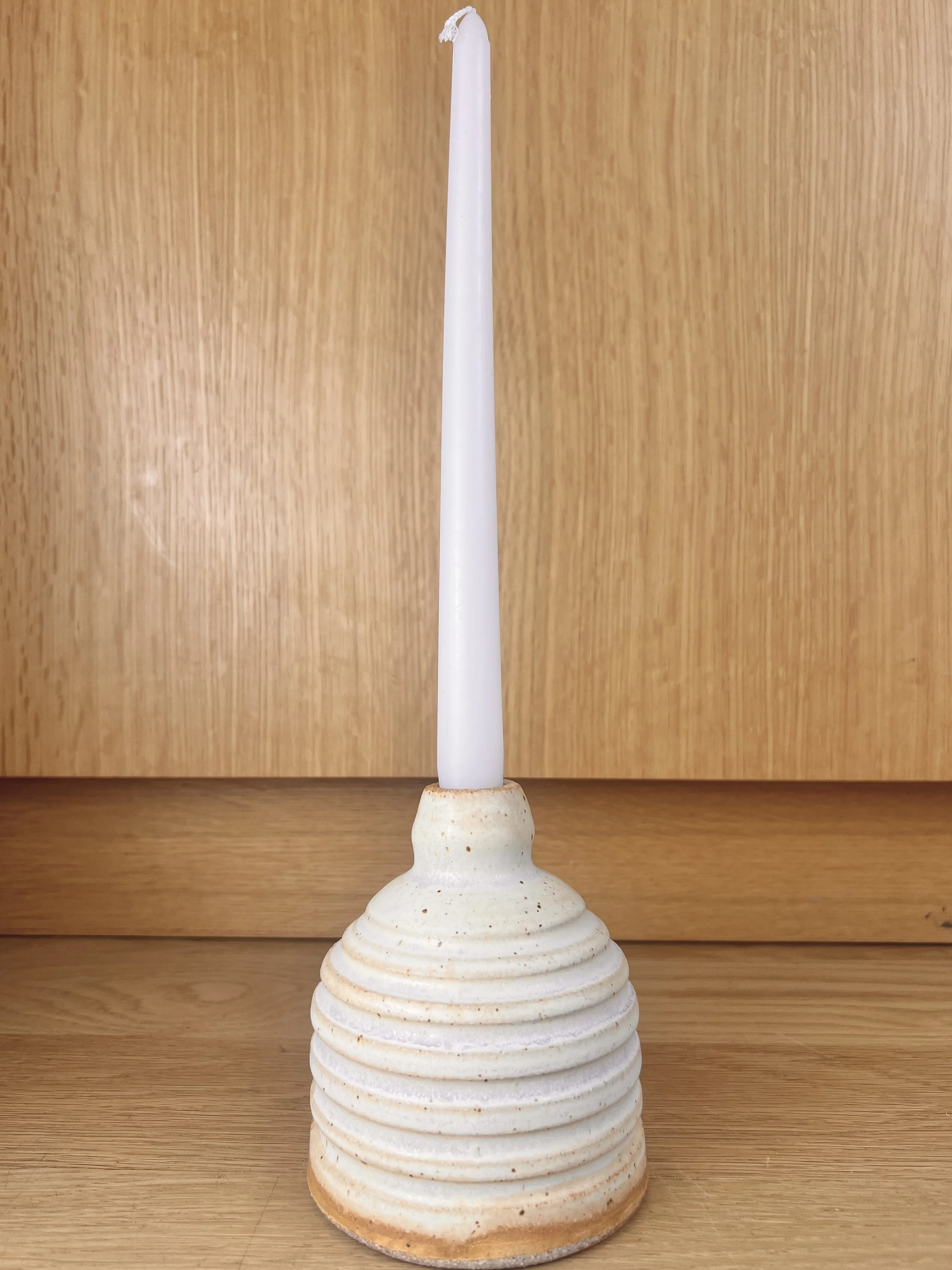 White Striped Ceramic Taper Candlestick Holder