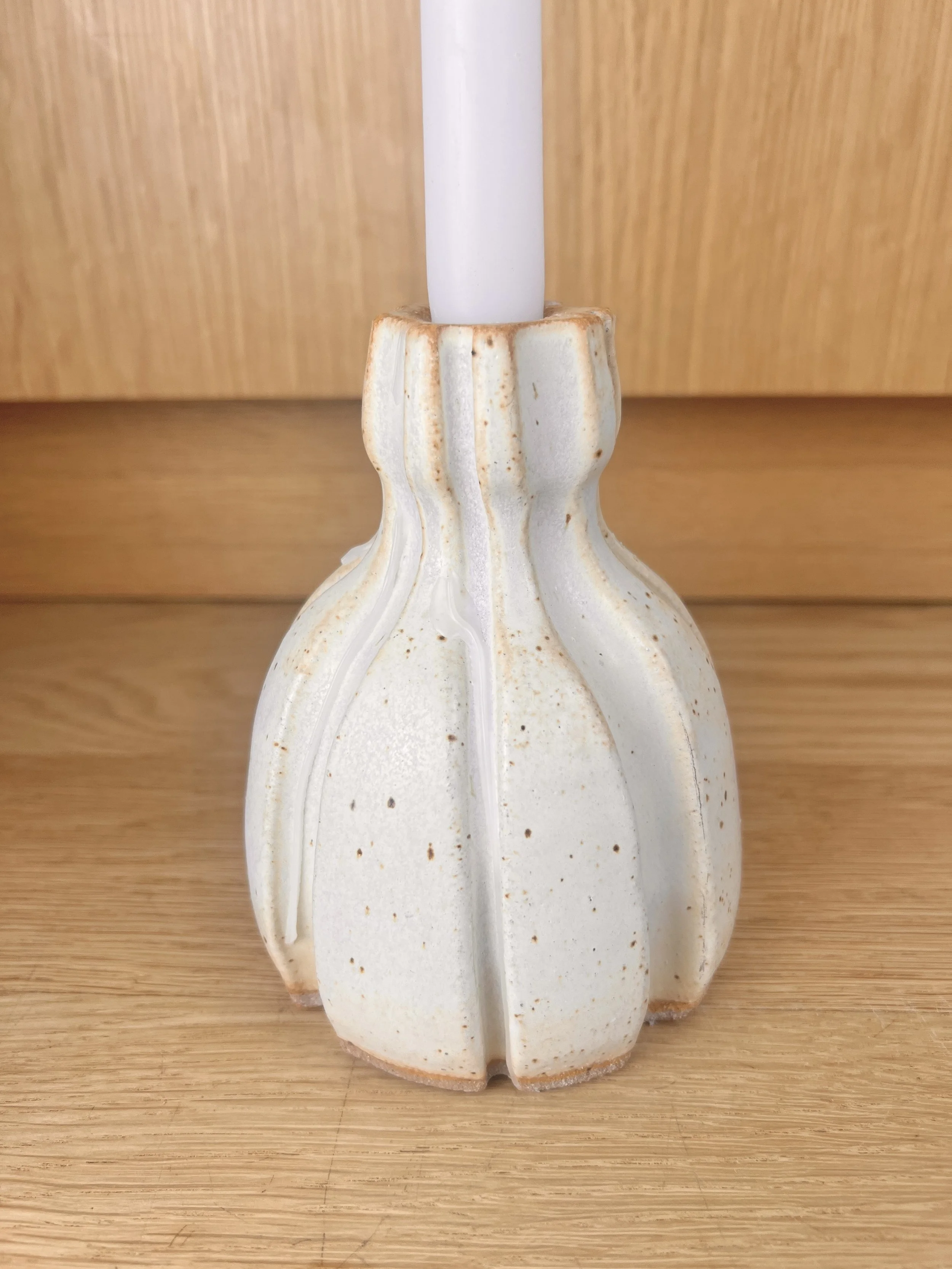 White Horizontal Striped Ceramic Taper Candlestick Holder