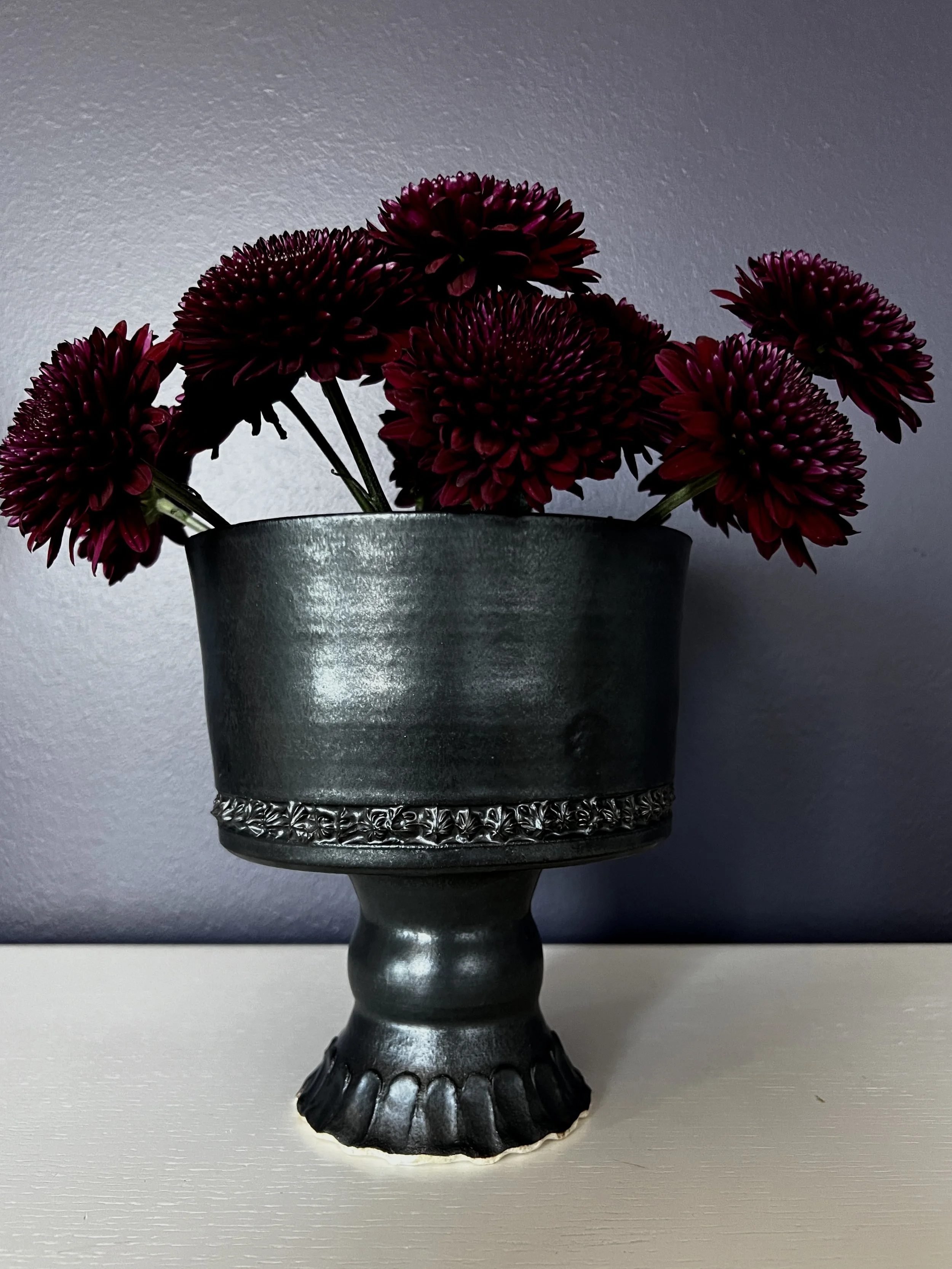 Tall Black Footed Vase with Built in Flower Frog