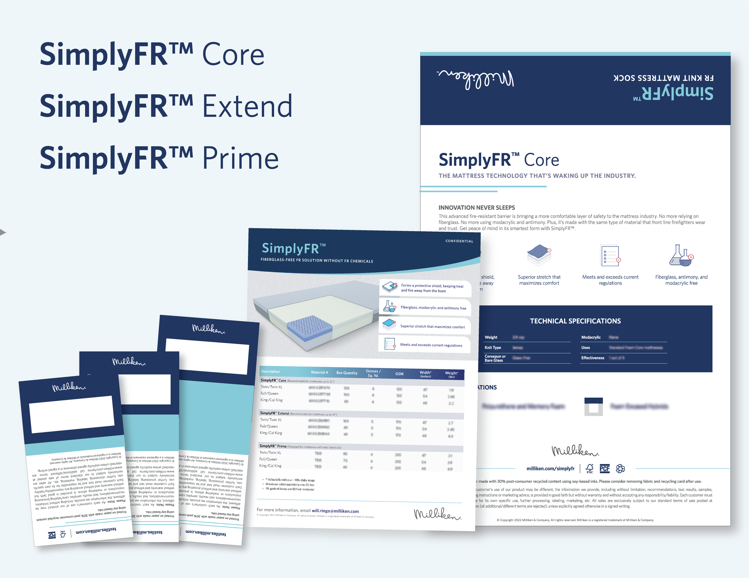 SimplyFR was named before I joined the nonwovens team. However, with an outside marketing agency, we were able to create the naming for the sub-products in the SimplyFR product family. Additionally, I designed technical sales sheets and headers for o