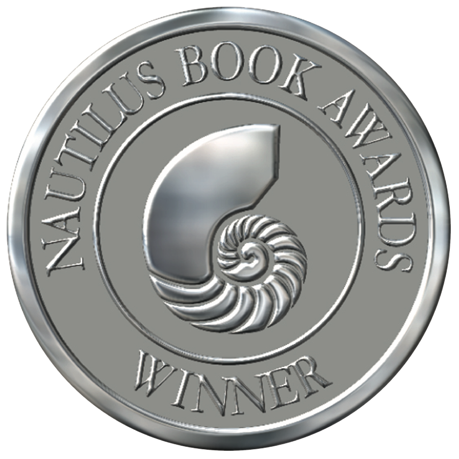 A silver-colored circular medal with a sculpture of a segment of a nautilus shell and an abstract design in the center. It has the inscriptions "Nautilus Book Awards" around the top edge and "Winner" at the bottom.