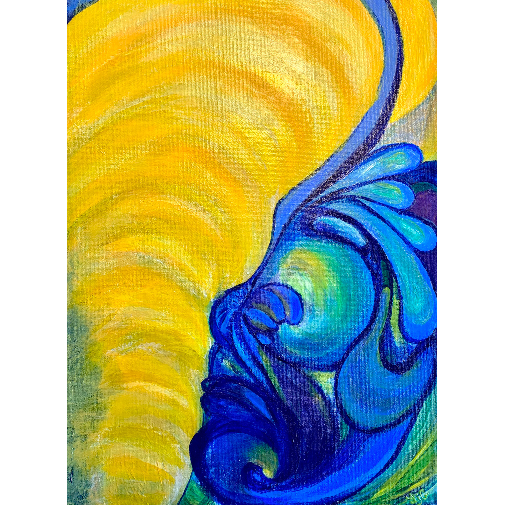 Abstract painting using iridescent metallic paint illustrating a portrayal of the Mayan god Kinich Ahua.