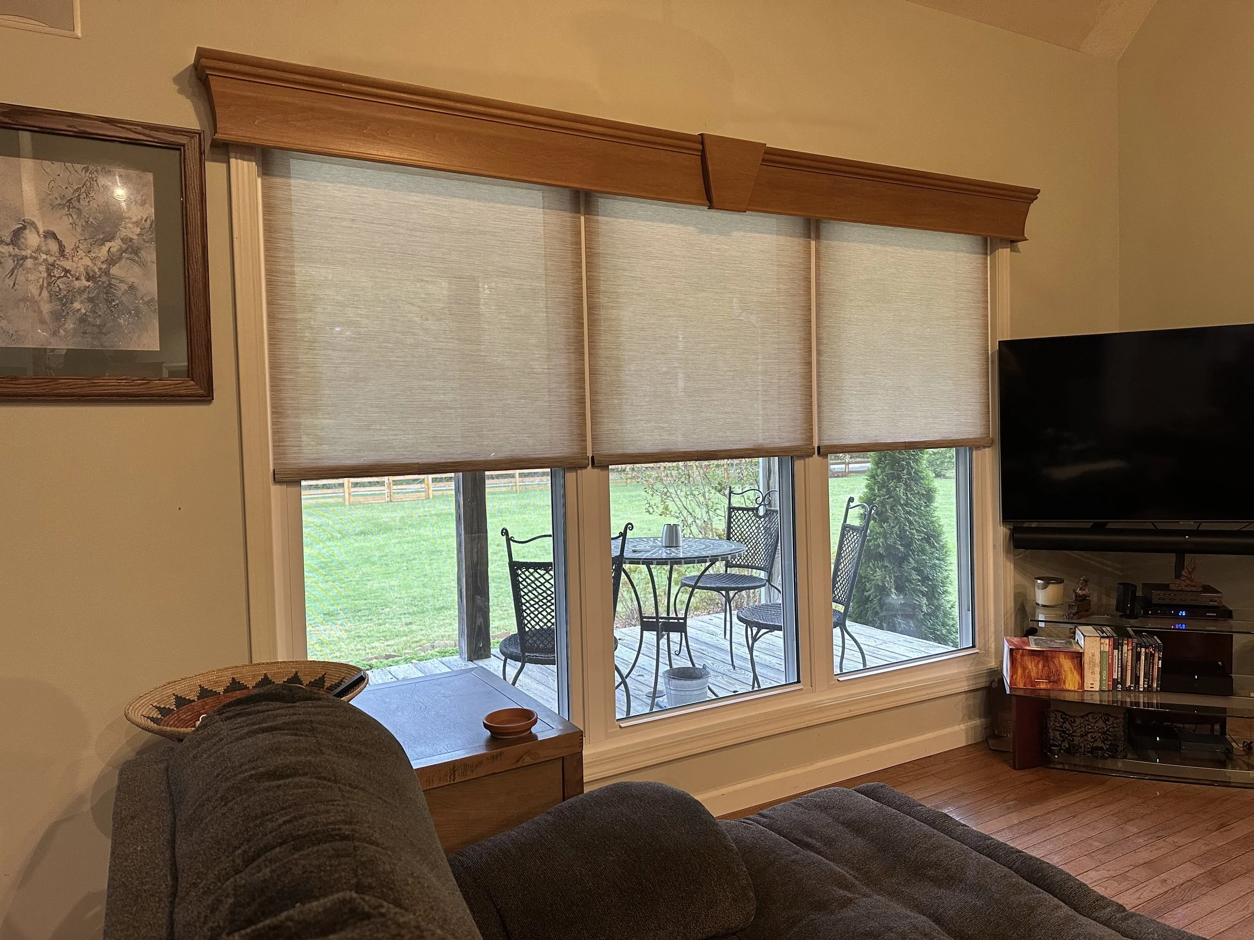 Living room with large window, shades partially down, view of patio furniture outside, gray couch, wall-mounted TV, and a shelf with books and DVDs.
