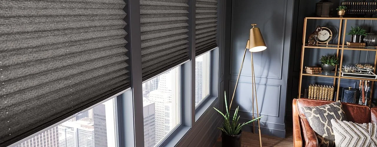 Interior room with modern decor, featuring large windows with gray pleated shades, a brown leather sofa with patterned pillows, a tall gold floor lamp, a potted plant, and a bookshelf with various decorative items and books.