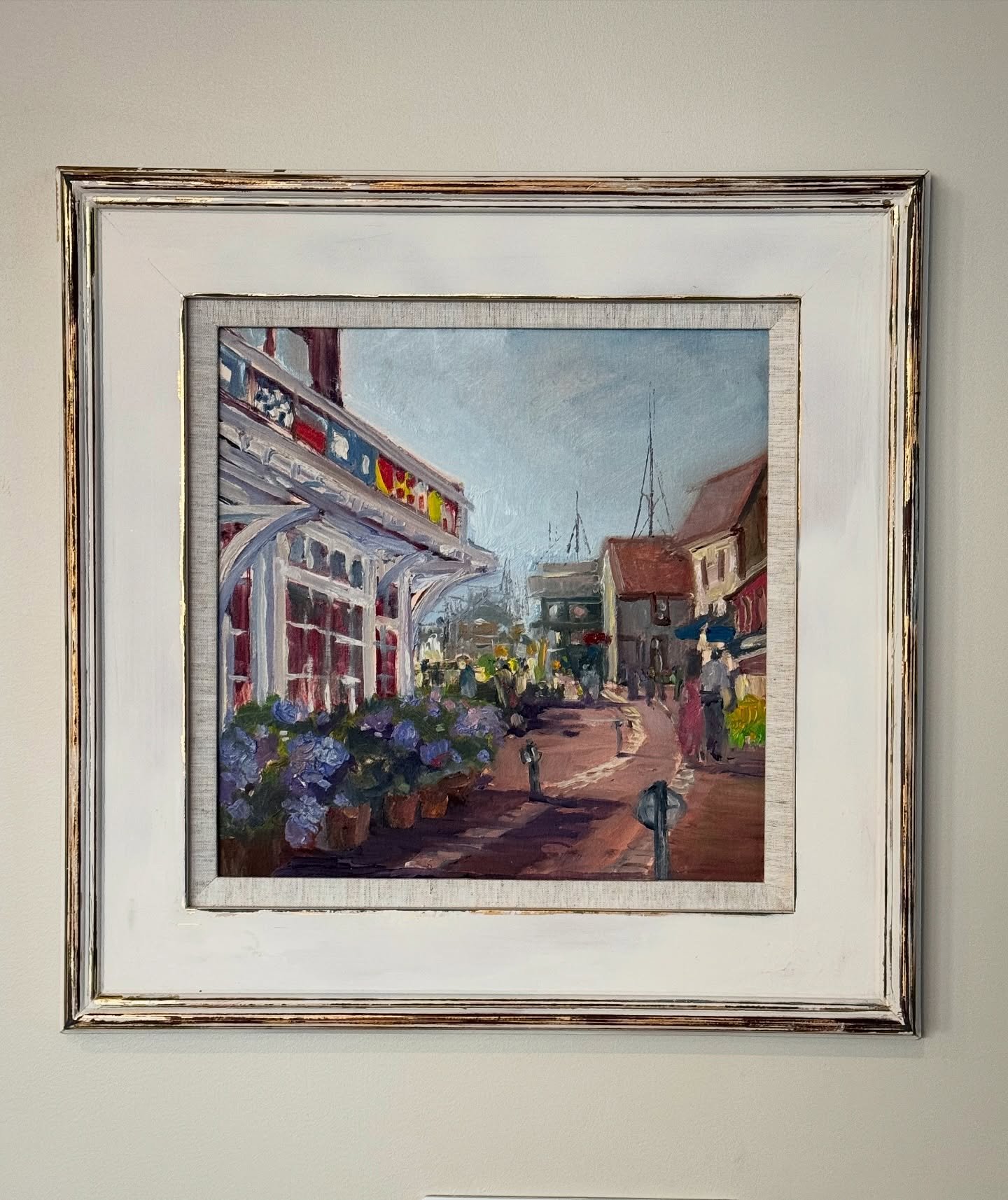 Painted on location at Bowens Wharf, Newport RI, this plein air piece was created in the middle of everyday movement, changing light, people passing, and summer color. The painting captures that fleeting moment, observed and finished on site. It now 