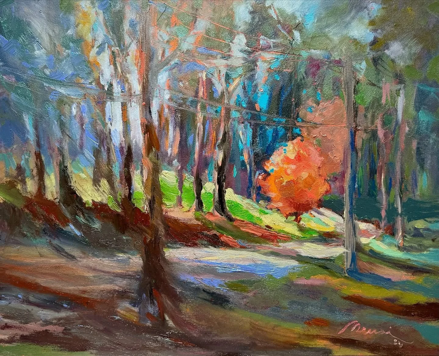 Finishing up this piece on a rainy studio day. It&rsquo;s all about autumn light and color, with a glowing orange tree bringing everything to life.

#OilPainting #LandscapeArt #AutumnVibes #ArtistsOfInstagram #PleinAirPainting #ArtLovers #NatureInspi