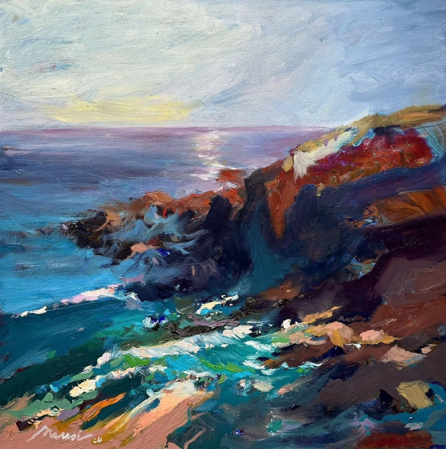 Submission to a gallery! 🤞waiting to find out if it gets accepted! 
-Cliff Walk Newport RI- Sea and Stone- 
oil on canvas 24x24 in, #nensipaintings 2024
This is a studio piece, inspired from these summer plein air sketches near cliff walk 🤍
.
ArtGa