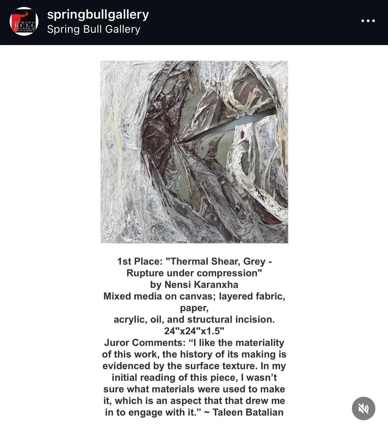 &ldquo;Thermal Shear, Grey&rdquo; received First Prize at the Abstractions 2026 exhibition at the Spring Bull Gallery in Newport.
Thank you to the gallery, the talented artists in the show, and to judge Taleen Batalian for her thoughtful insights.