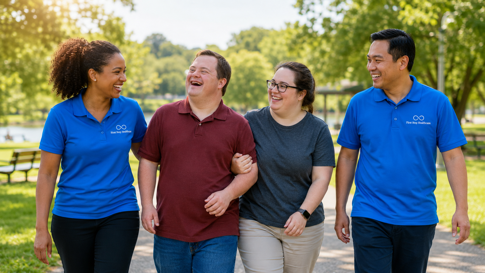 First Step Healthcare staff and the people they support laughing together on a walk in the park