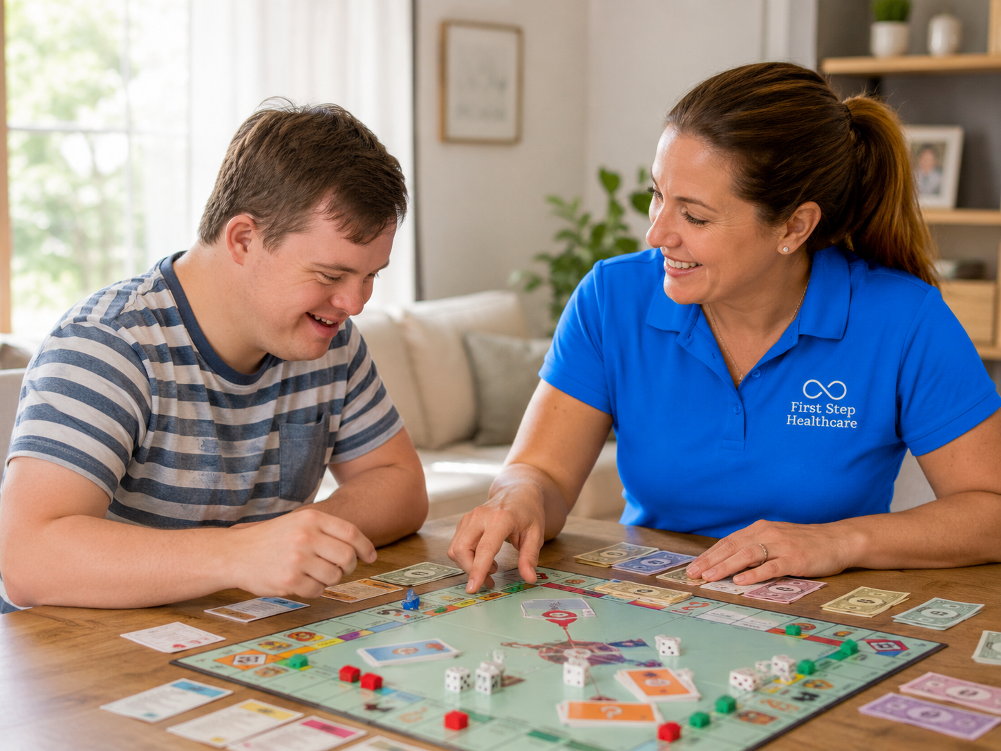 A First Step Healthcare caregiver playing a board game at home with a man with Down syndrome