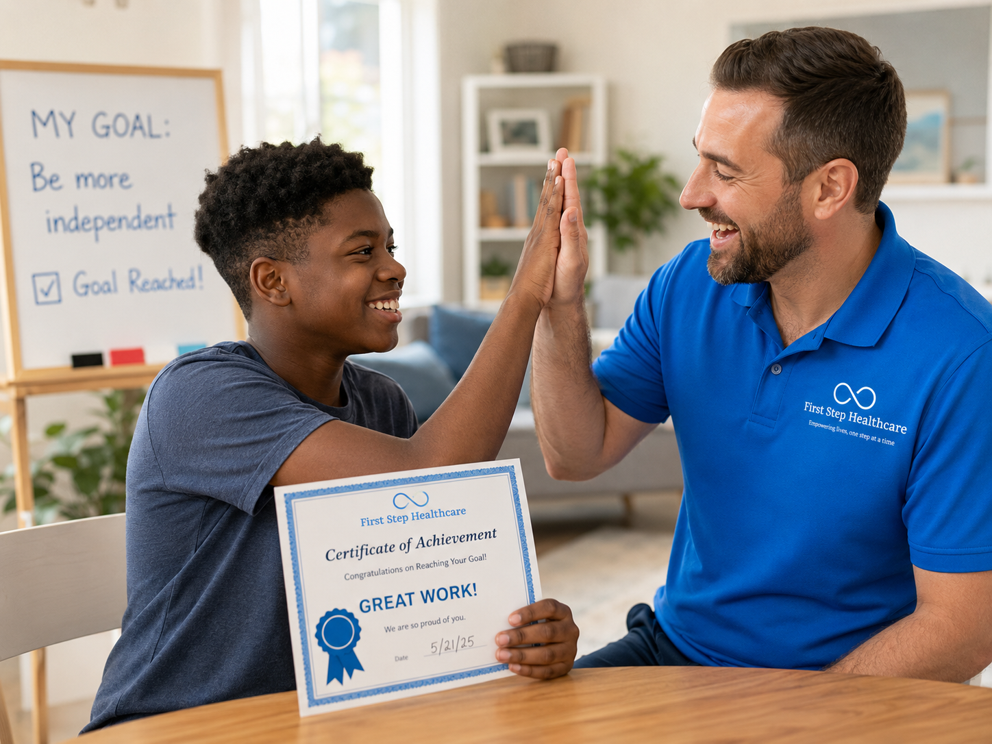 A First Step Healthcare staff member and a client reviewing personal goals together at home