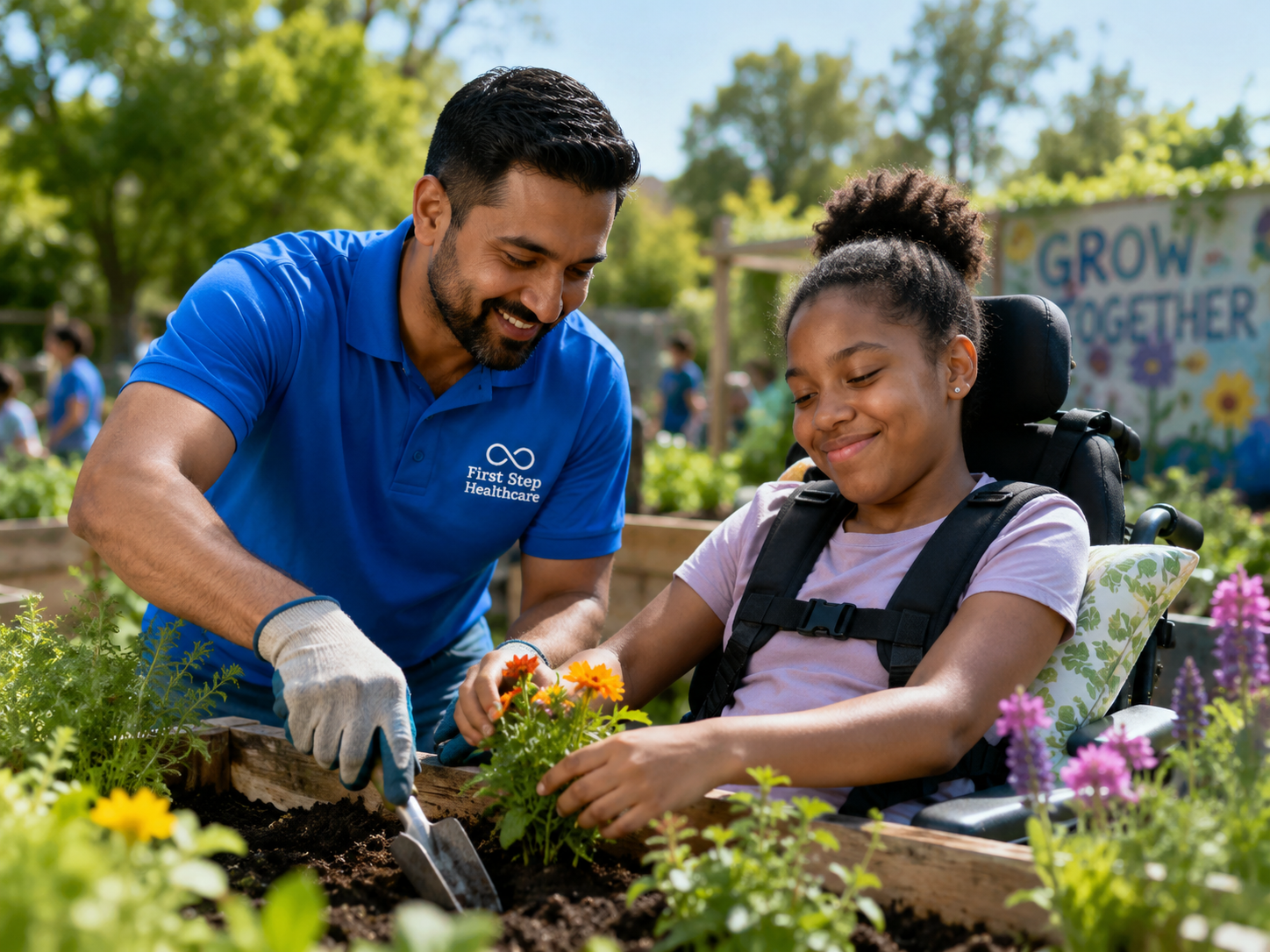 A First Step Healthcare caregiver helping a young woman in a wheelchair plant flowers in a community garden